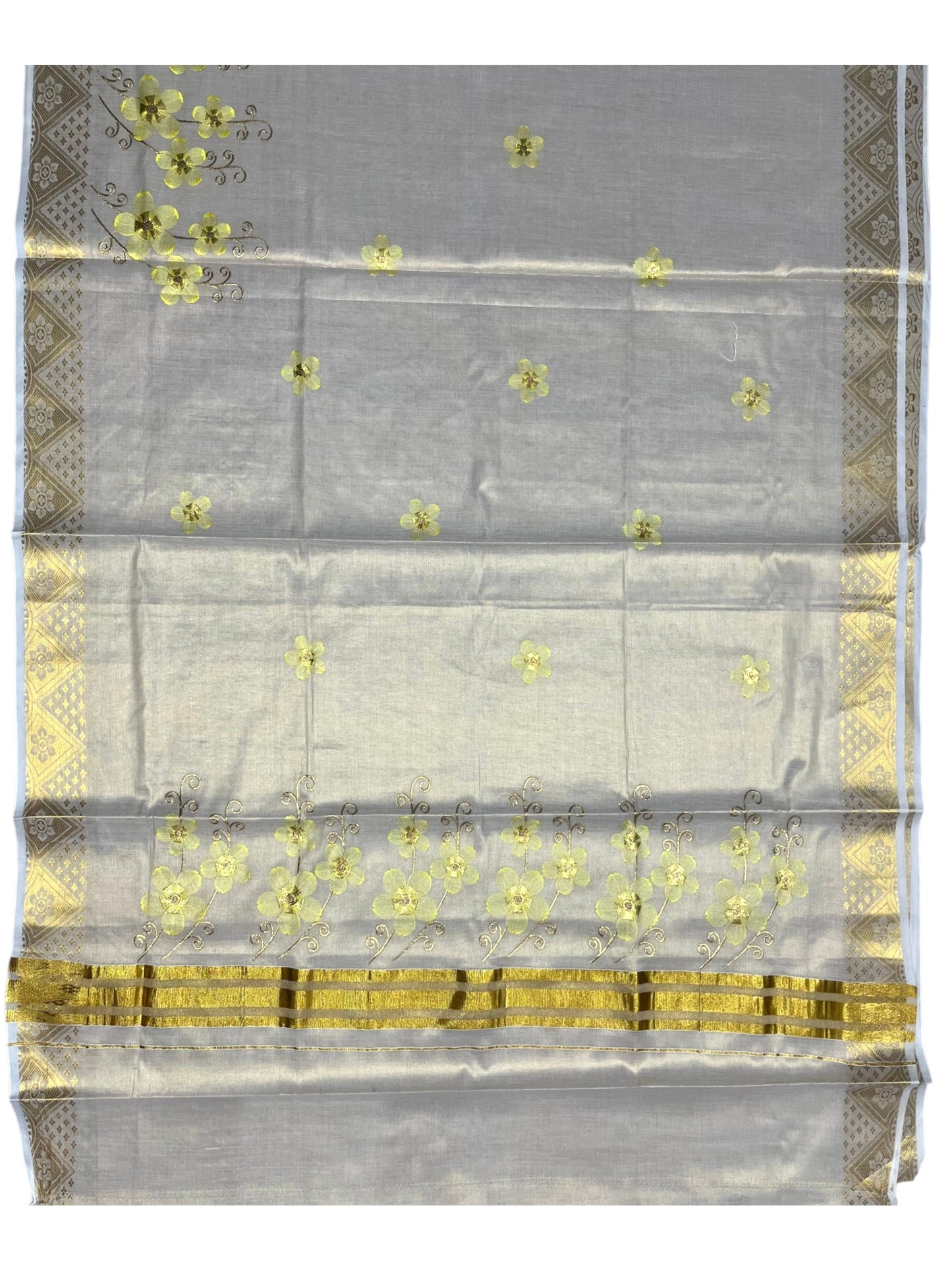 Southloom Kerala Tissue Kasavu Saree with Yellow Floral Embroidery Work on Body