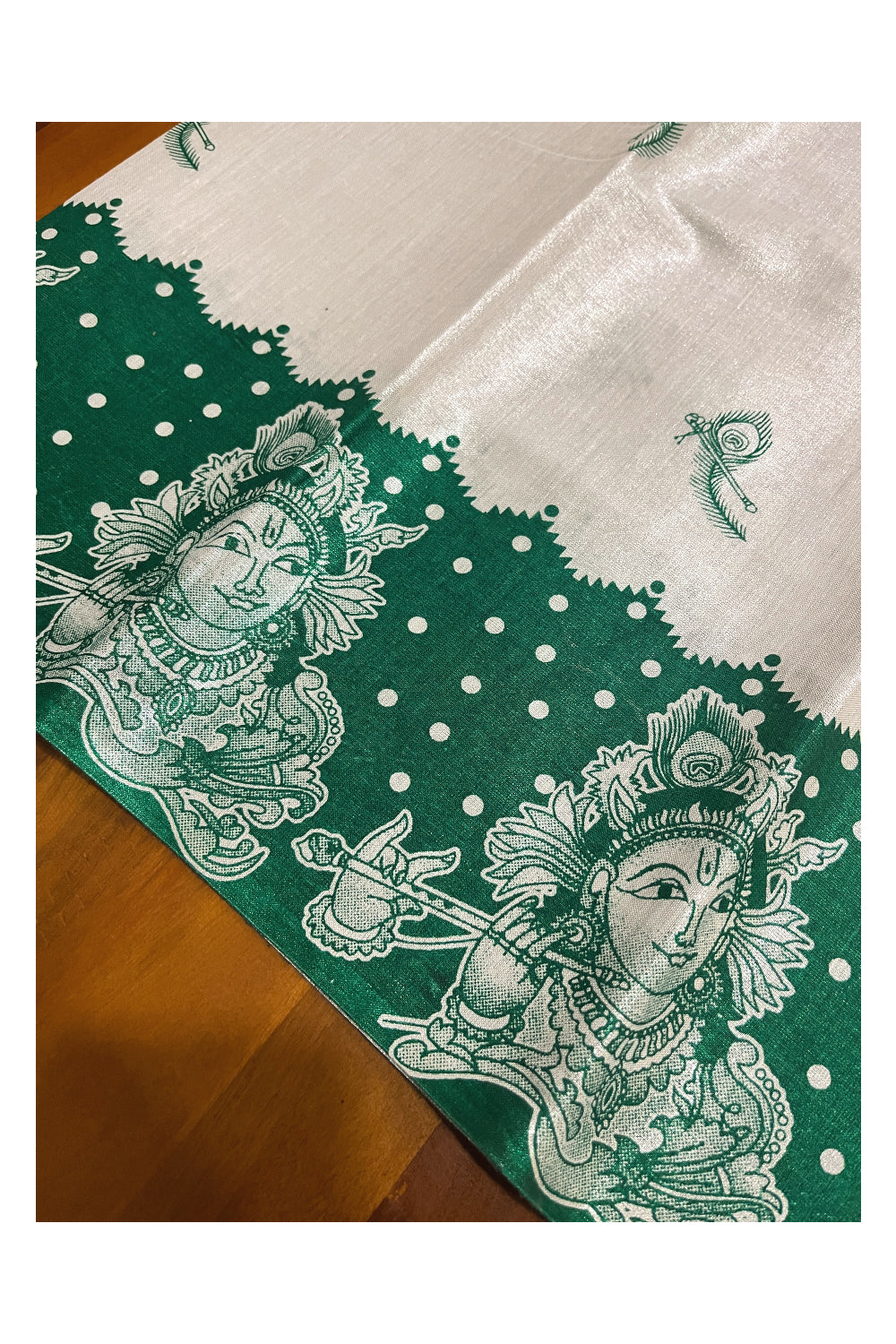 Kerala Silver Tissue Block Printed Pavada and Green Designer Blouse Material for Kids/Girls 4.3 Meters