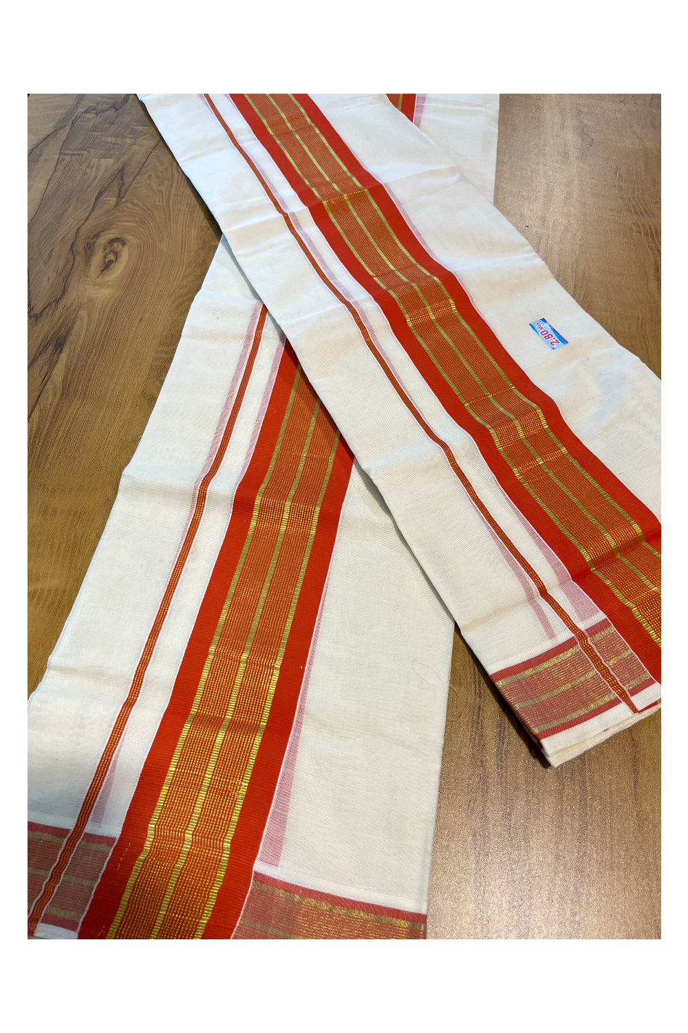 Kerala Cotton Set Mundu (Mundum Neriyathum) with Kasavu and Orange Border 2.80 Mtrs