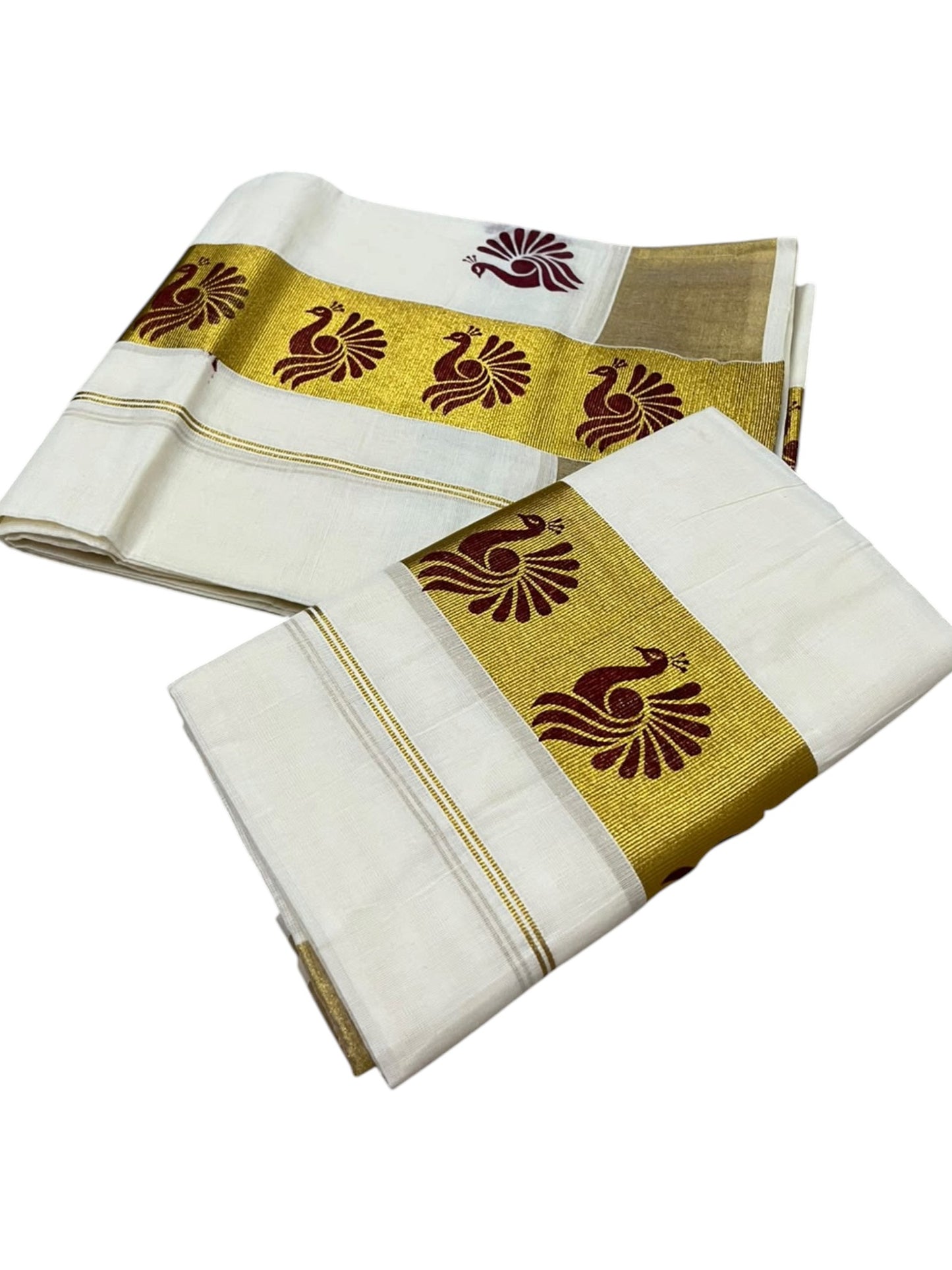 Southloom Pure Cotton Set Mundu with Gold Kasavu and Maroon Floral Digital Print in 2.80 Mtrs SL383