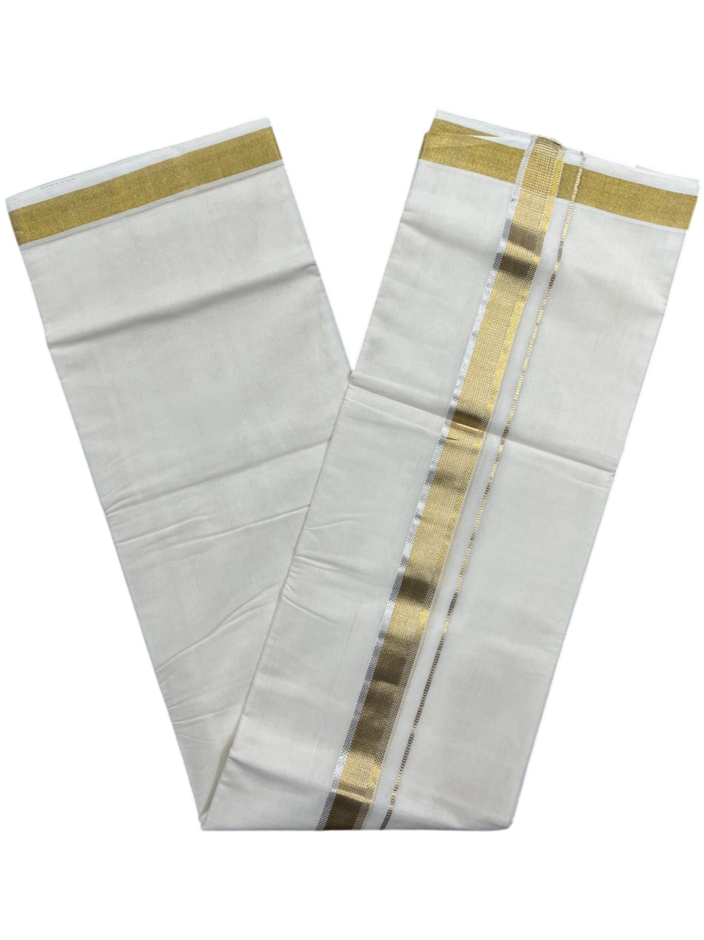 Southloom Premium Handloom Cotton Double Mundu with Gold and Silver Kasavu Border