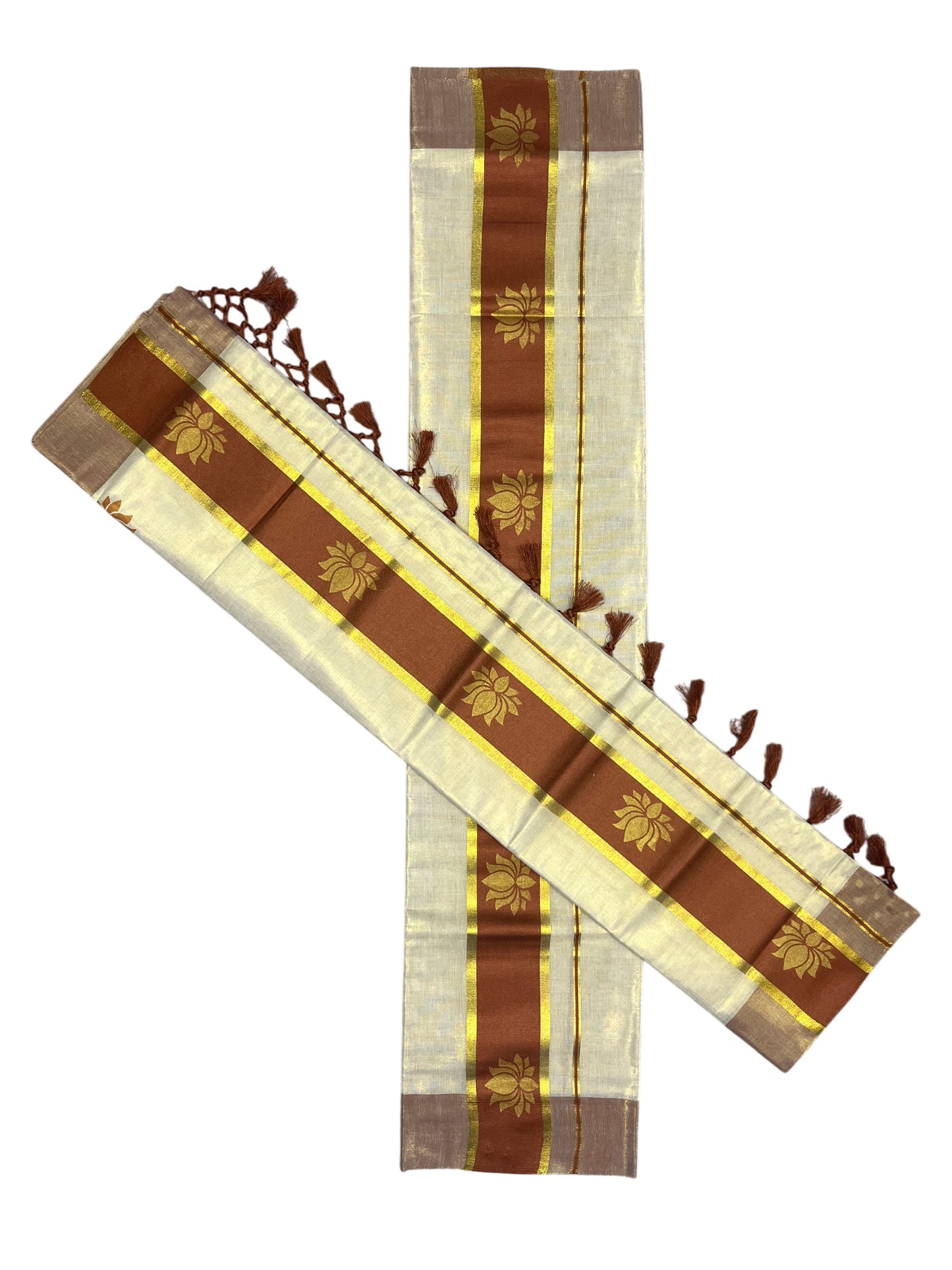 Southloom Kerala Cotton Kasavu Single Set Mundu (Mundum Neriyathum) with Lotus Design in Brown