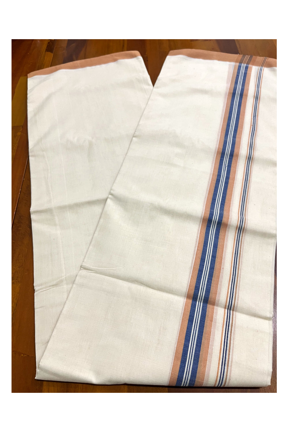 Premium Balaramapuram Handloom Unakkupaavu Cotton Double Mundu with Light Brown and Blue Border (Vishu 2024 Collection)