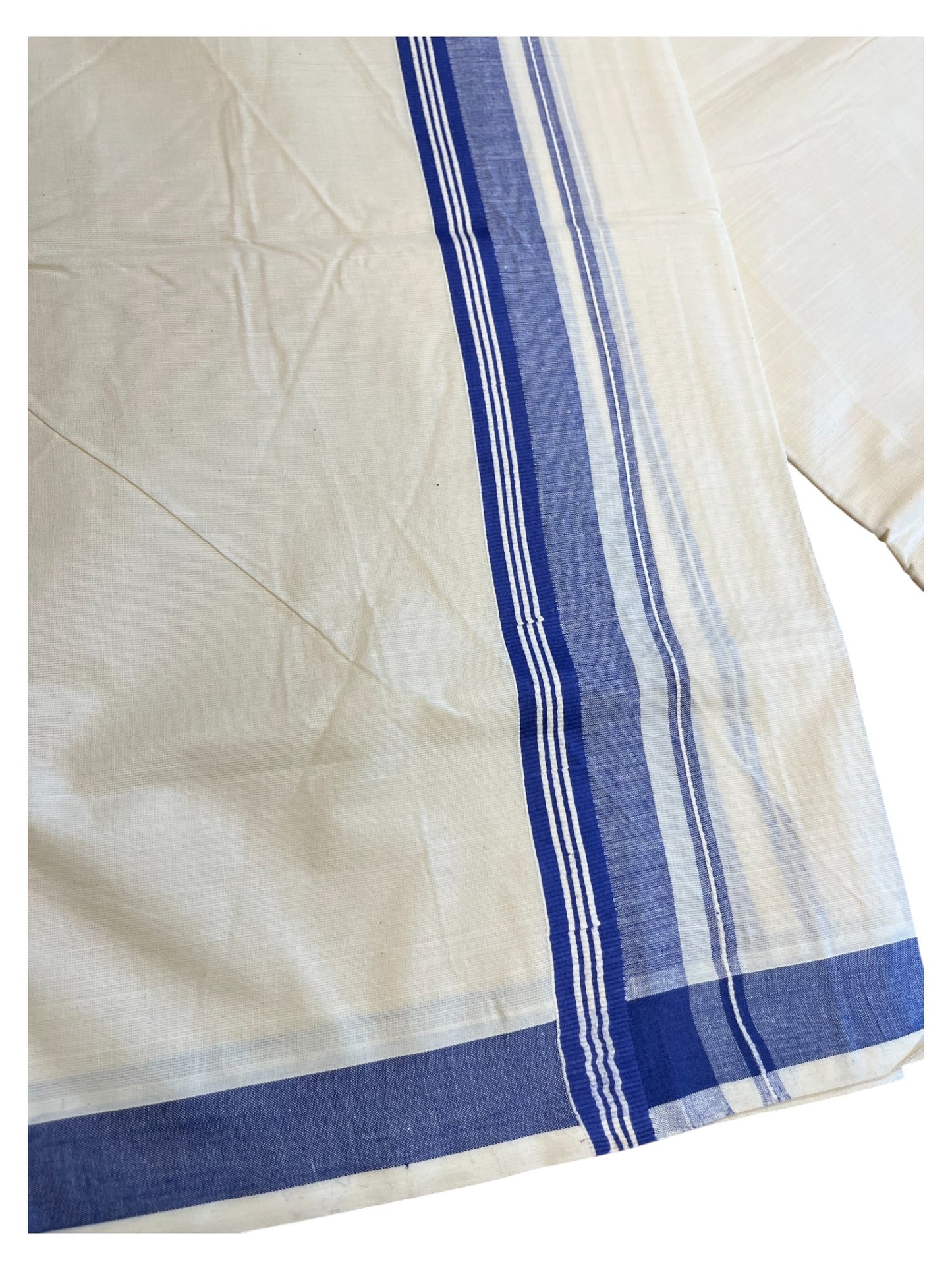 Southloom Pure Cotton  Double Mundu With White Lines & Blue Border (South Indian Kerala Dhoti)