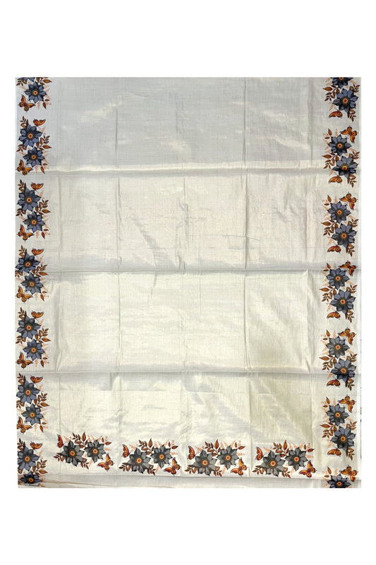 Kerala Tissue Saree with Grey Floral Block Prints On Border