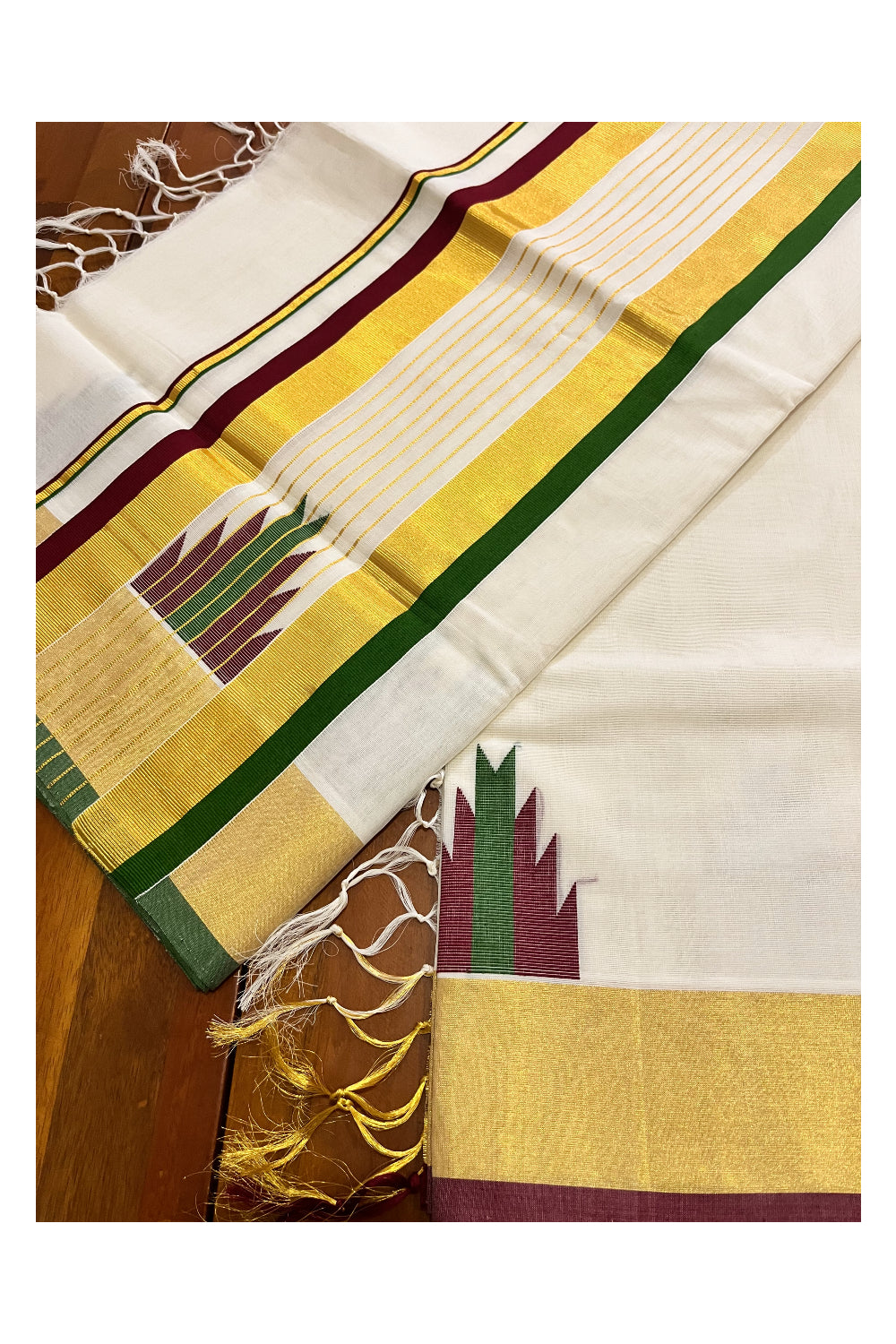 Southloom™ Premium Handloom Cotton Kasavu Saree with Maroon Olive Green Temple Woven Border and Stripes Work on Pallu