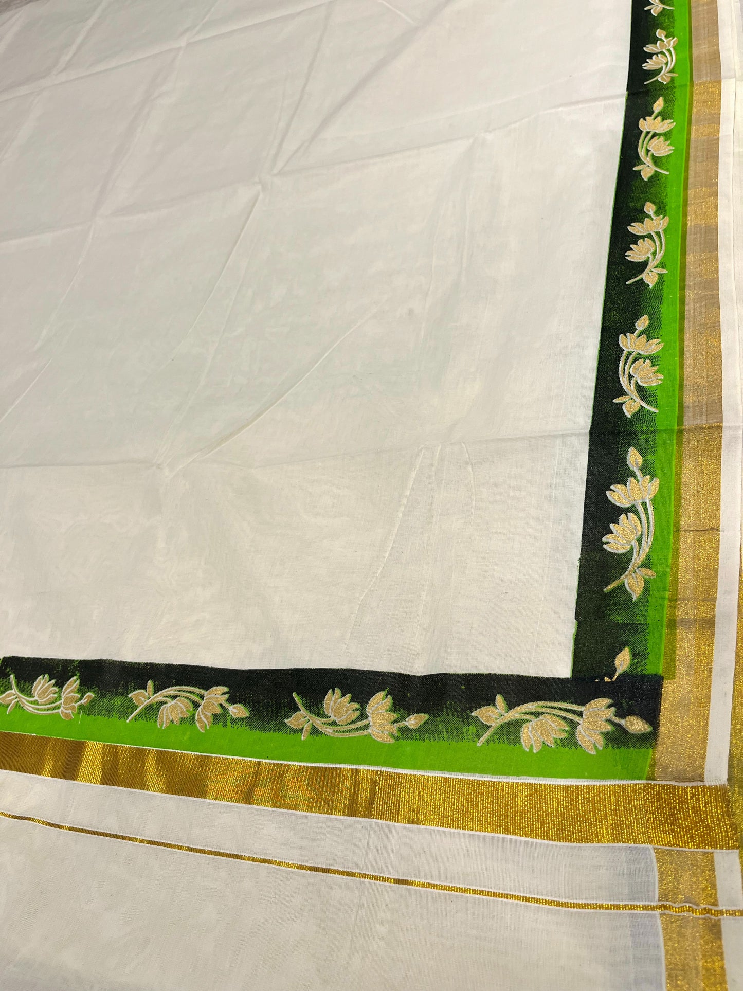 Southloom Cotton Kerala Kasavu Saree with Green and Black  Hand Painted