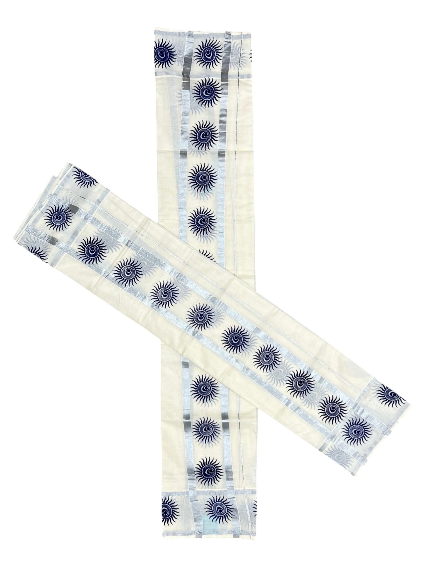 Southloom Cotton Single Set Mundu (Mundu Neriyathum) With Digital Print And Silver Border Kasavu in 2.80 Mtrs
