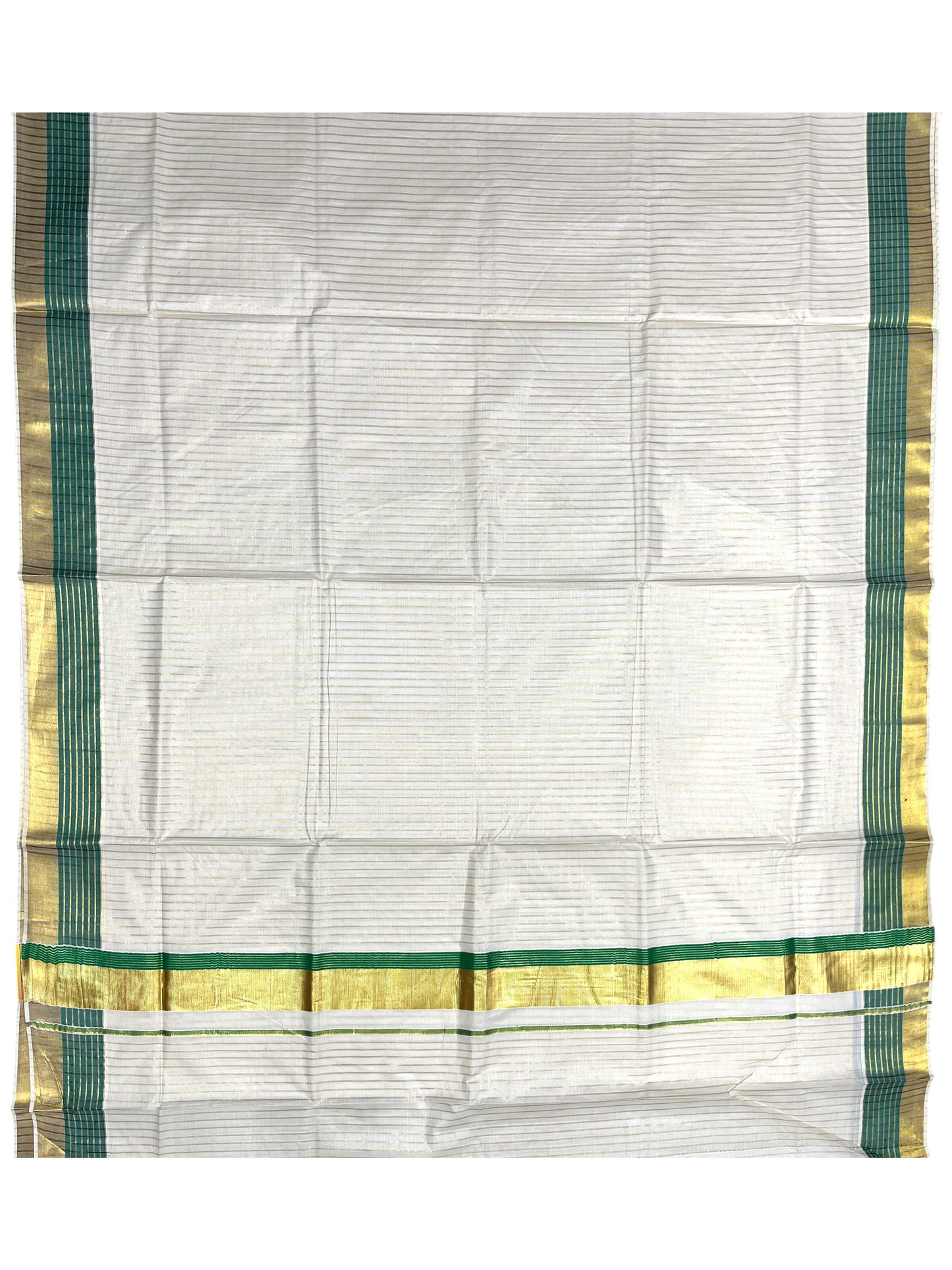 Southloom Pure Cotton Kerala Kasavu Lines Design Saree with Green Border