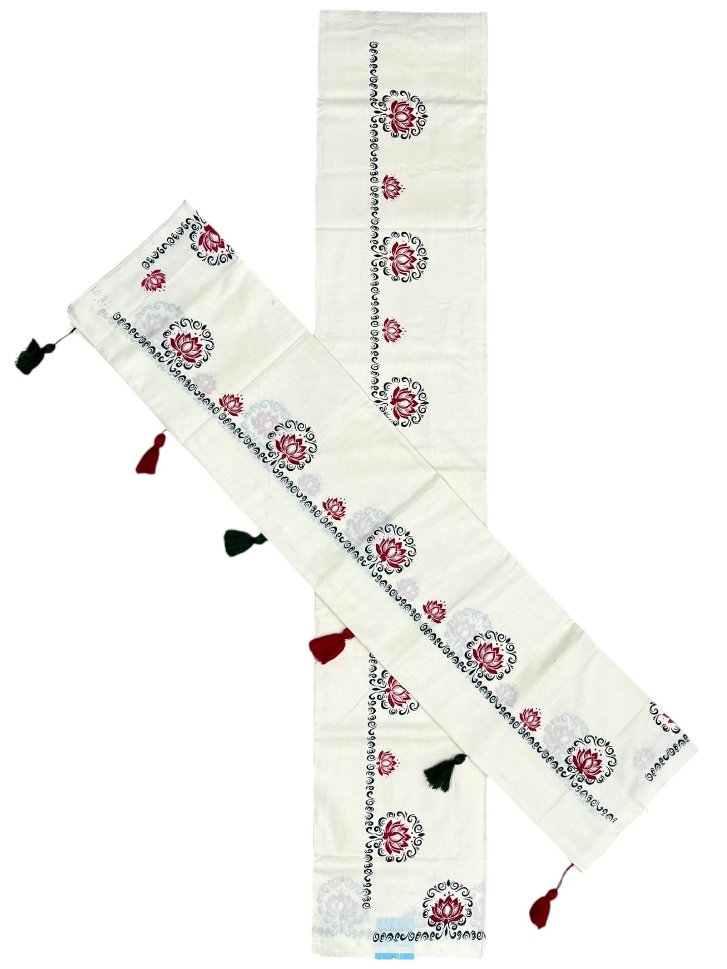 Southloom Kerala Cotton Single Set Mundu (Mundum Neriyathum) with Green &Red Lotus Block Printed Design