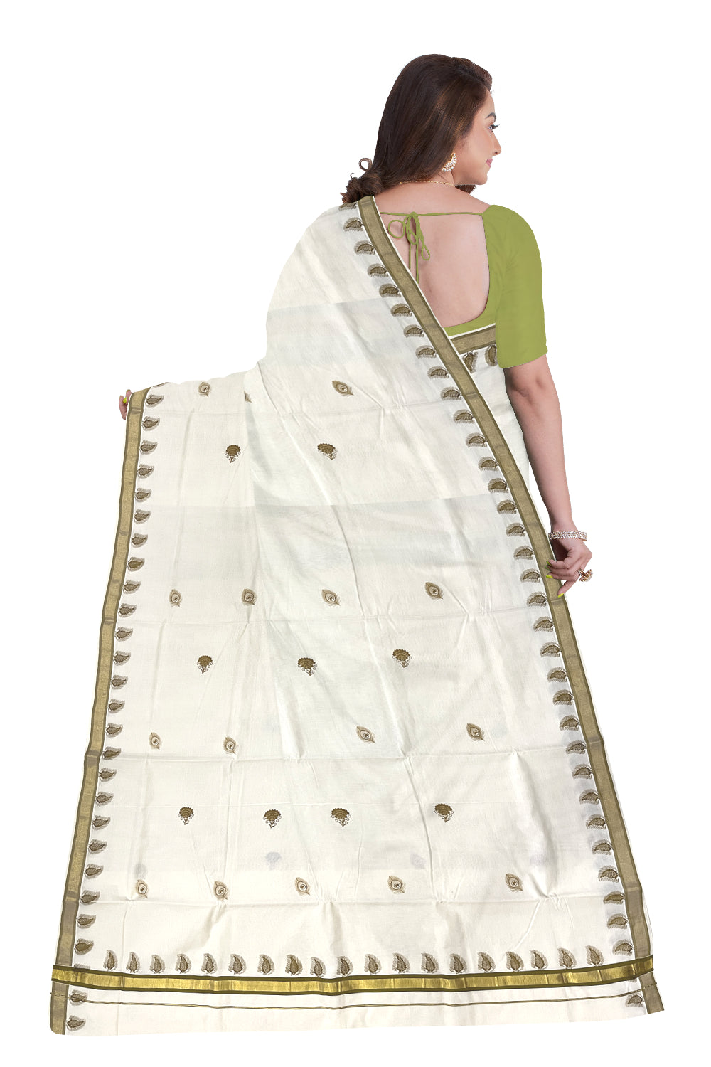 Pure Cotton Kerala Kasavu Saree with Olive Green Feather Block Printed Design