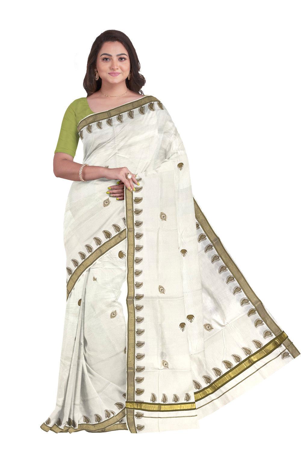 Pure Cotton Kerala Kasavu Saree with Olive Green Feather Block Printed Design