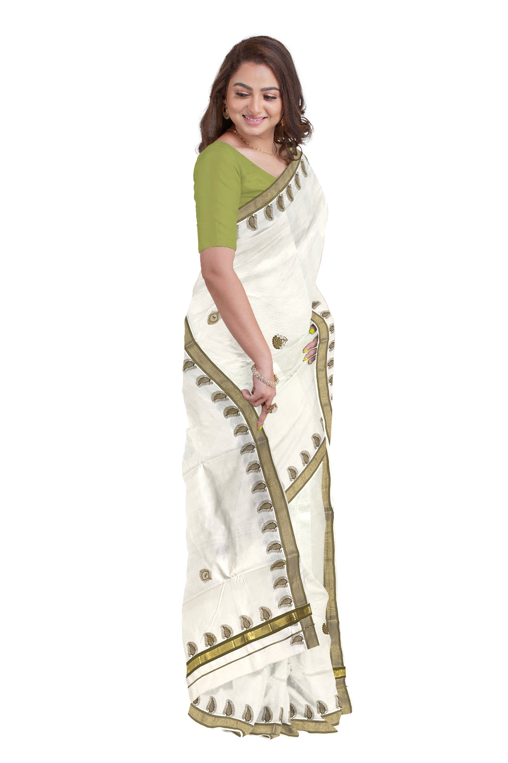 Pure Cotton Kerala Kasavu Saree with Olive Green Feather Block Printed Design