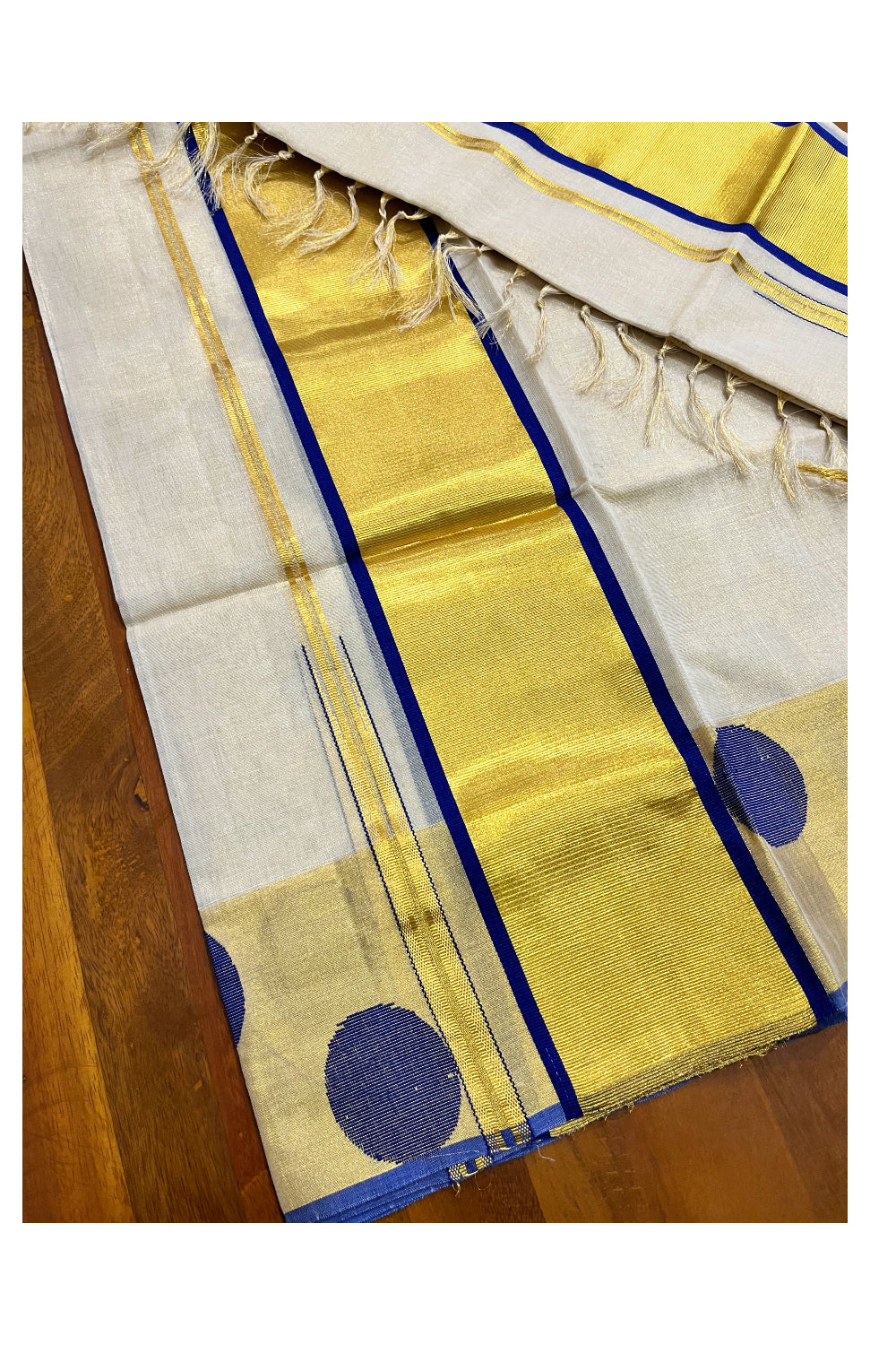 Southloom Handloom Premium Tissue Kasavu Set Mundu With Blue Polka Woven Patterns (Mundum Neriyathum) 2.70 Mtrs