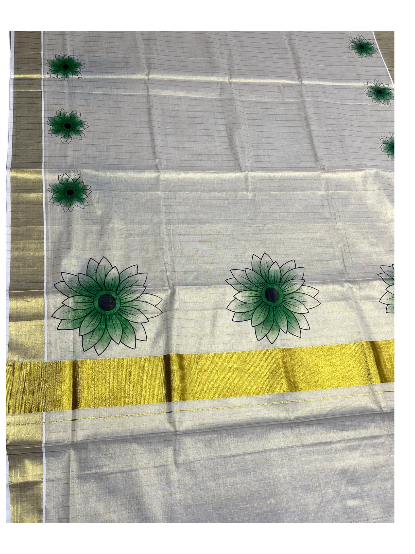 Southloom Kerala Tissue Kasavu Lines Design Saree with Green Floral Prints on Body