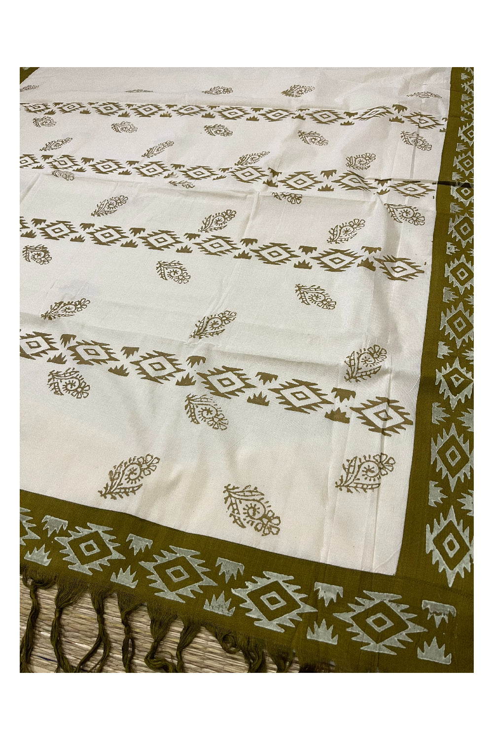 Pure Cotton Onam 2023 Kerala Saree with Hand Block Olive Green Batik Prints