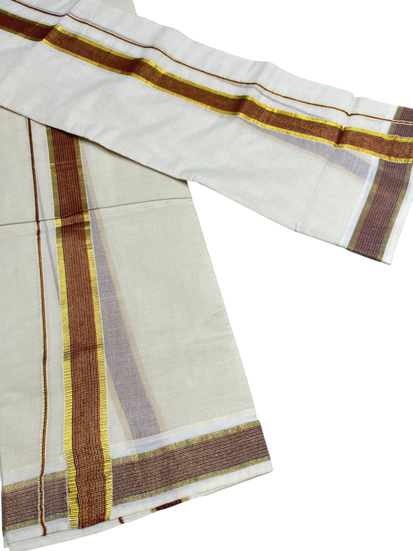 Kerala Cotton Set Mundu (Mundum Neriyathum) with Kasavu and Black & Orange Lines Border 2.80 Mtrs SLKK SL470