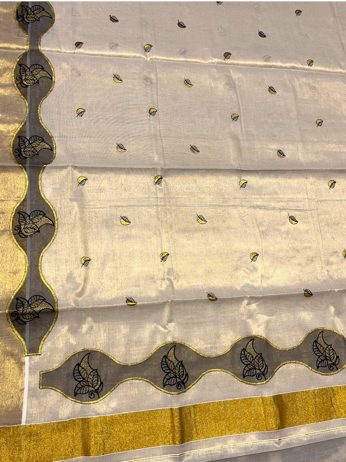 Southloom Tissue Kerala Kasavu Saree with Embroidery Design