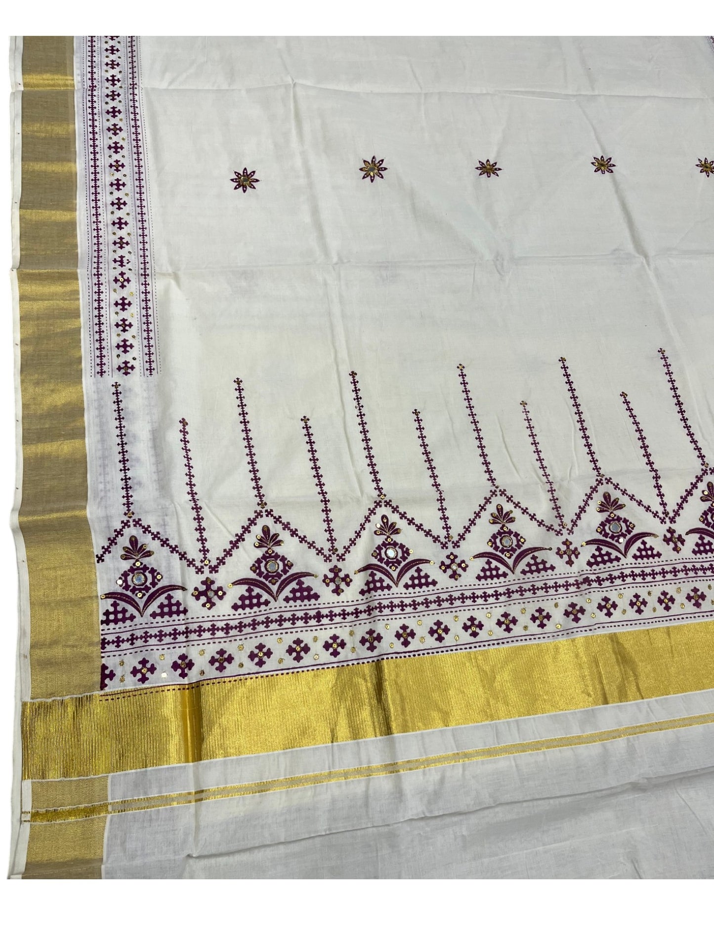 Southloom Pure Cotton Kerala Kasavu Saree with Maroon Embroidery Designs