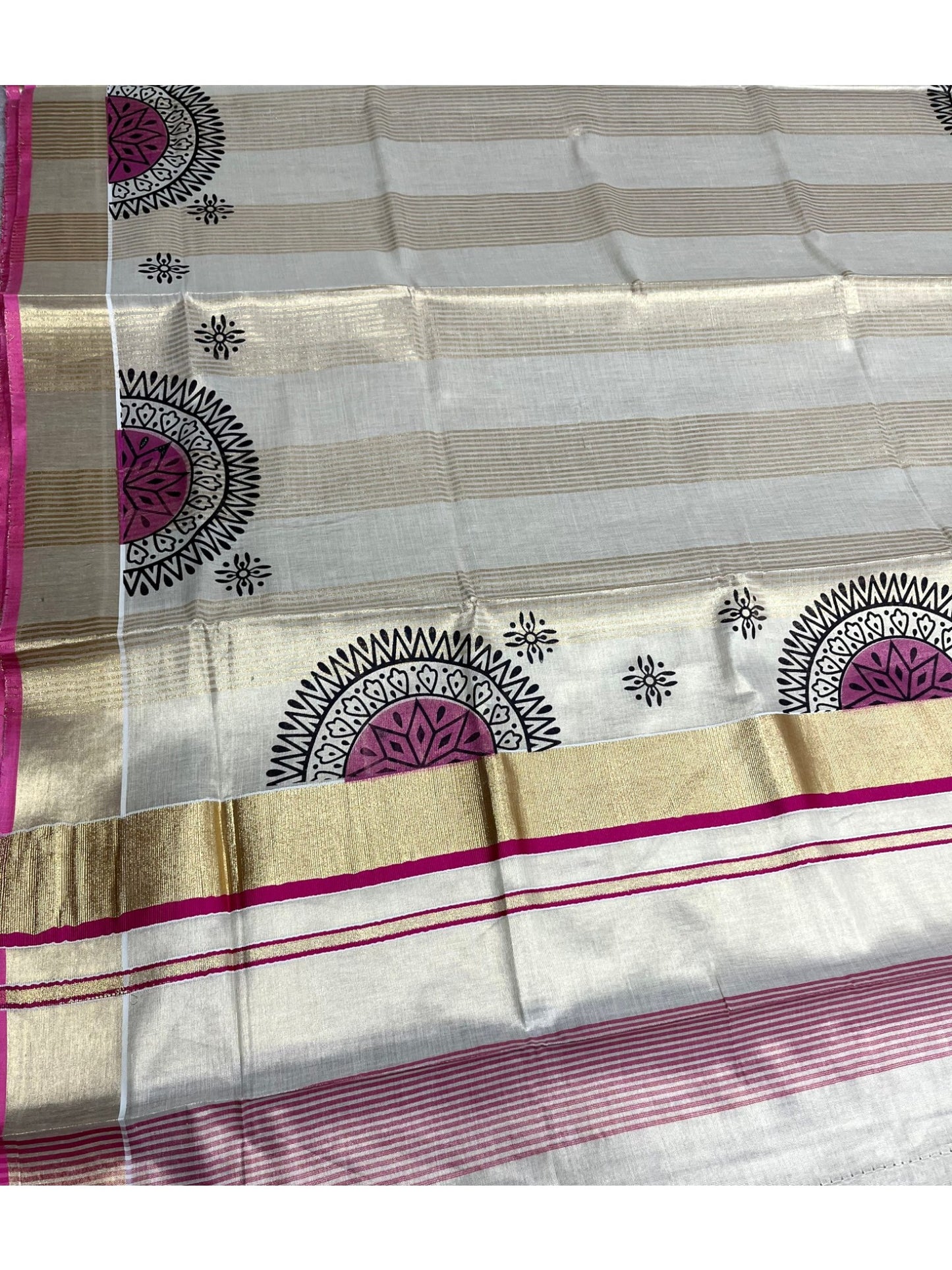 Southloom Tissue Kerala Kasavu Saree with Block Print on Body and Borders in Pink