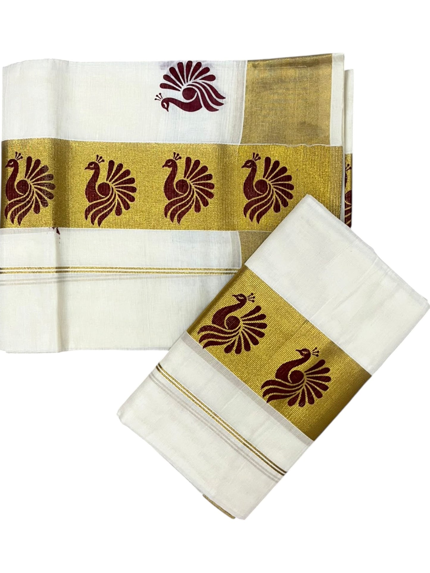 Southloom Pure Cotton Set Mundu with Gold Kasavu and Maroon Floral Digital Print in 2.80 Mtrs SL383