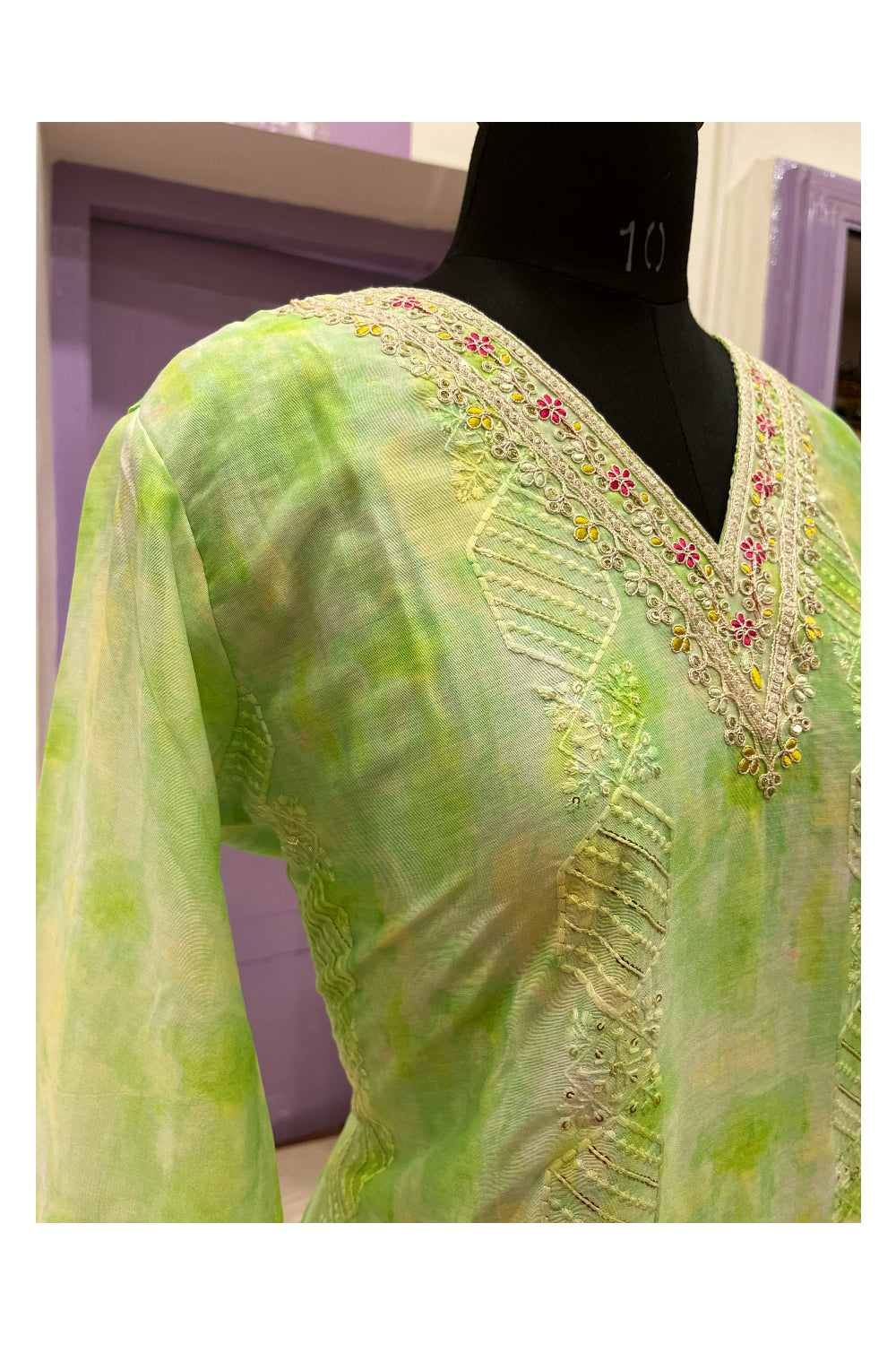 Southloom Stitched Semi Silk Salwar Set in Light Green Thread Works