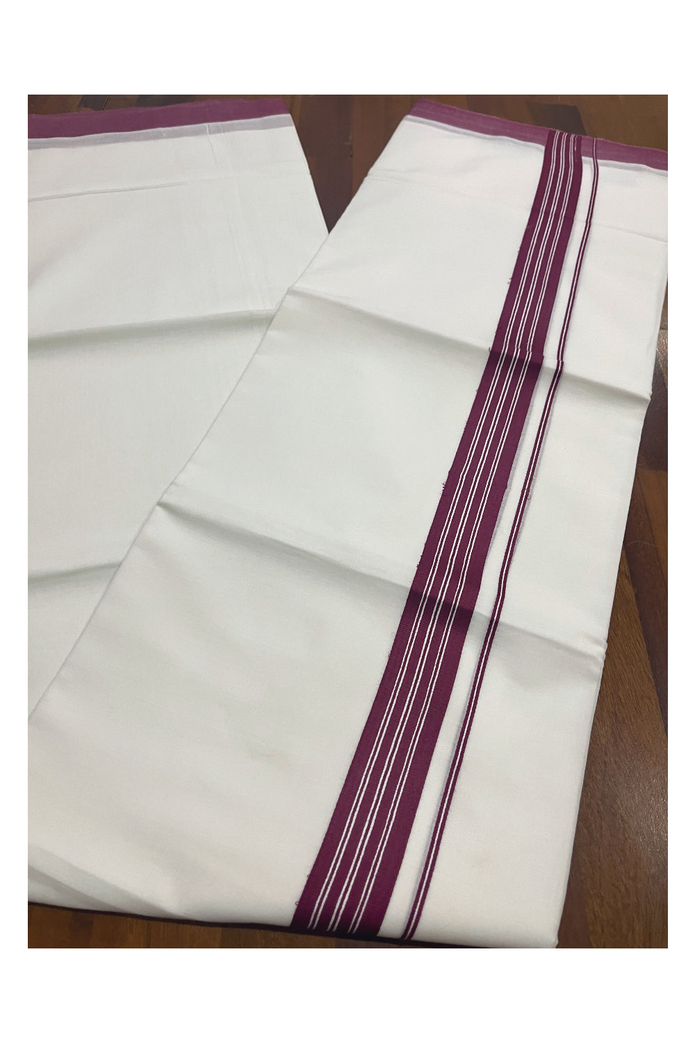 Pure White Cotton Double Mundu with Maroon Lines Border (South Indian Kerala Dhoti)