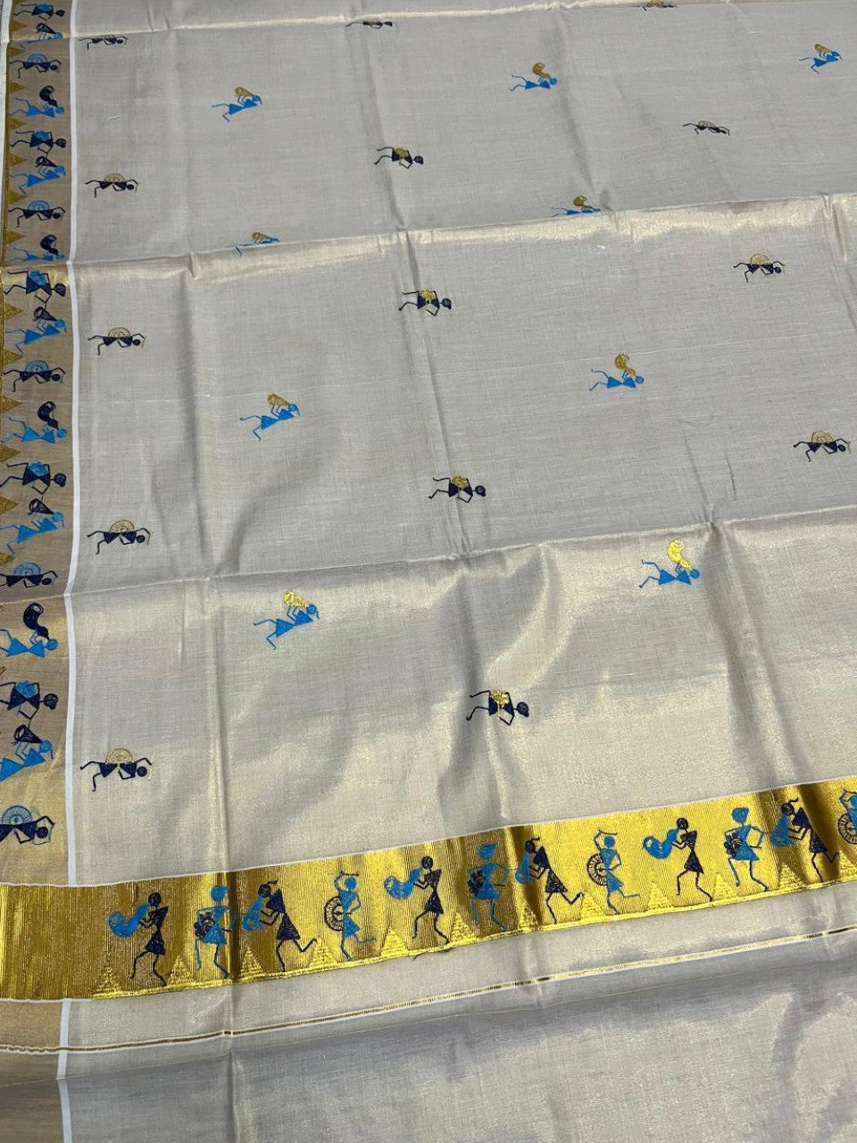 Southloom Kerala Tissue Kasavu Saree with Tribal Folk Art Embroidery Work on Body