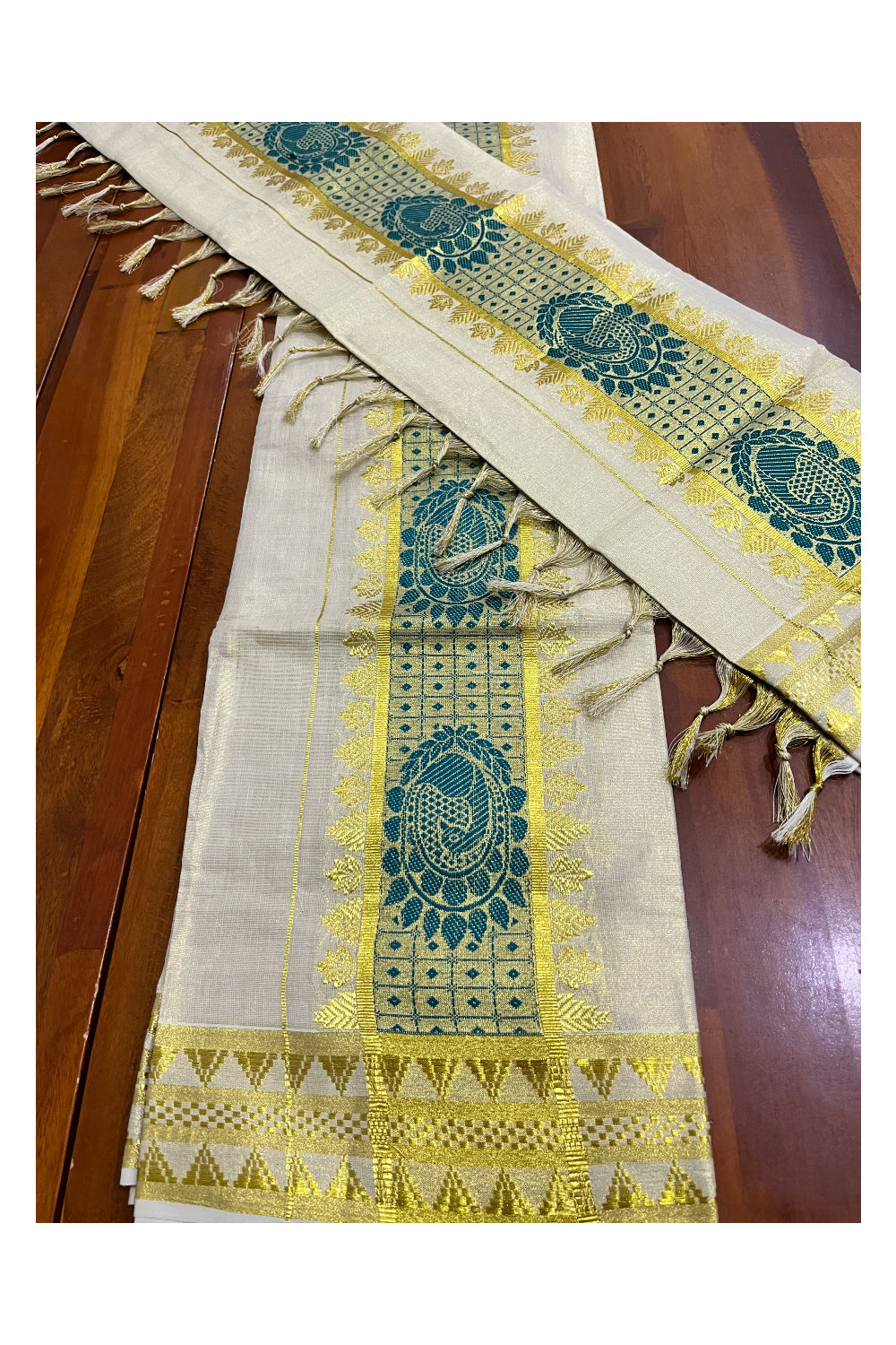 Kerala Tissue Single Set Mundu (Mundum Neriyathum) with Green Woven Floral Designs 2.80 Mtrs (Vishu 2024 Collection)