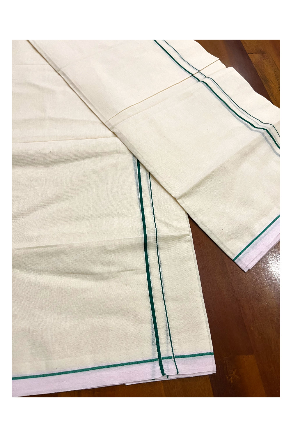 Kerala Cotton Mundum Neriyathum Single (Set Mundu) with Green Eerkkil Kara (Onam Set Mundu 2023)