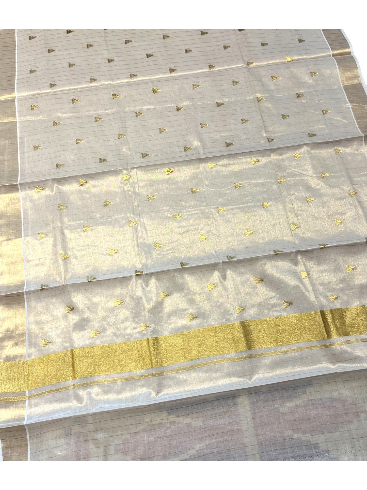 Southloom Kerala Tissue Kasavu Stripes Saree With Temple Embroidery on Body