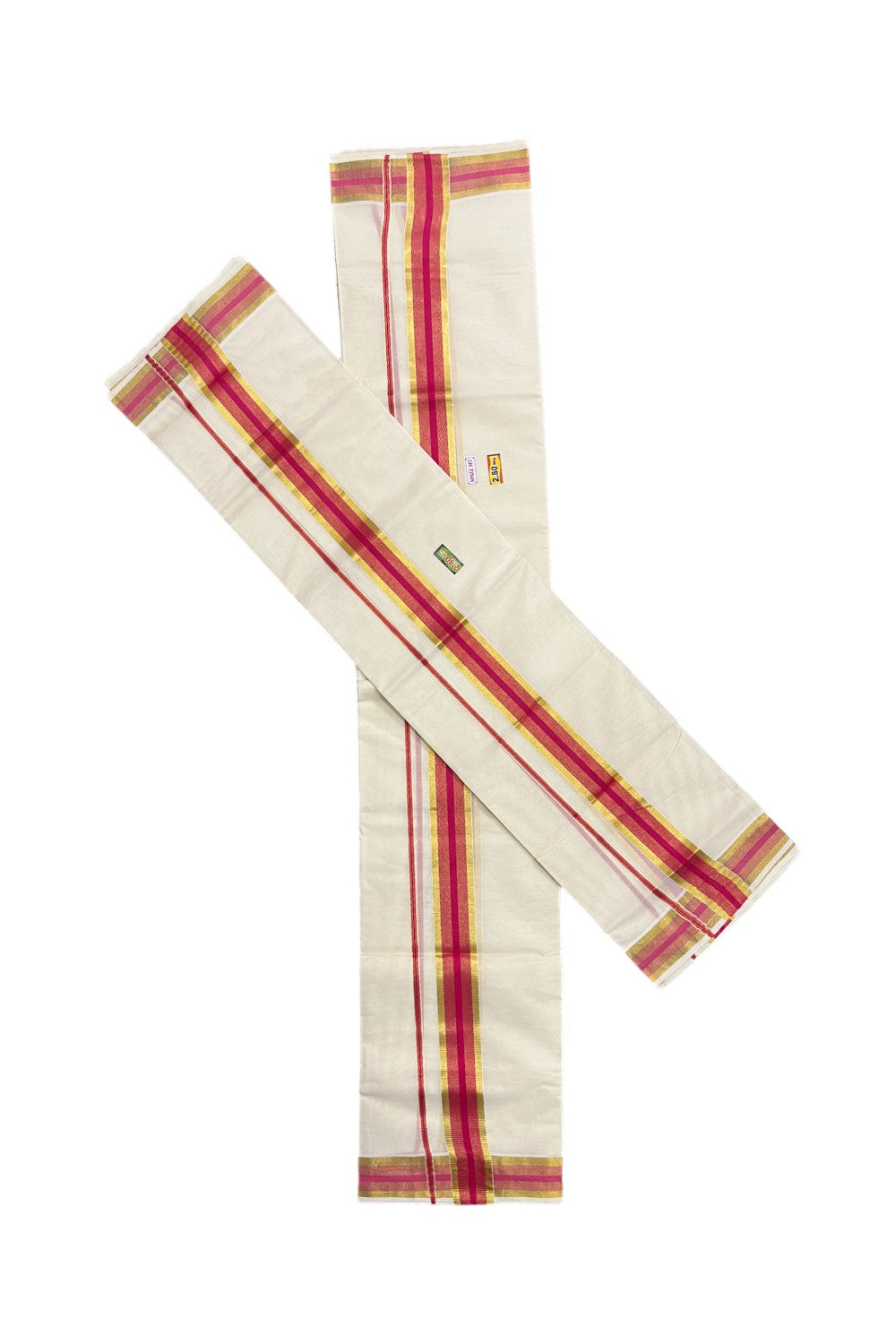 Kerala Cotton Set Mundu (Mundum Neriyathum) with Dark Pink and Kasavu Border 2.80 Mtrs