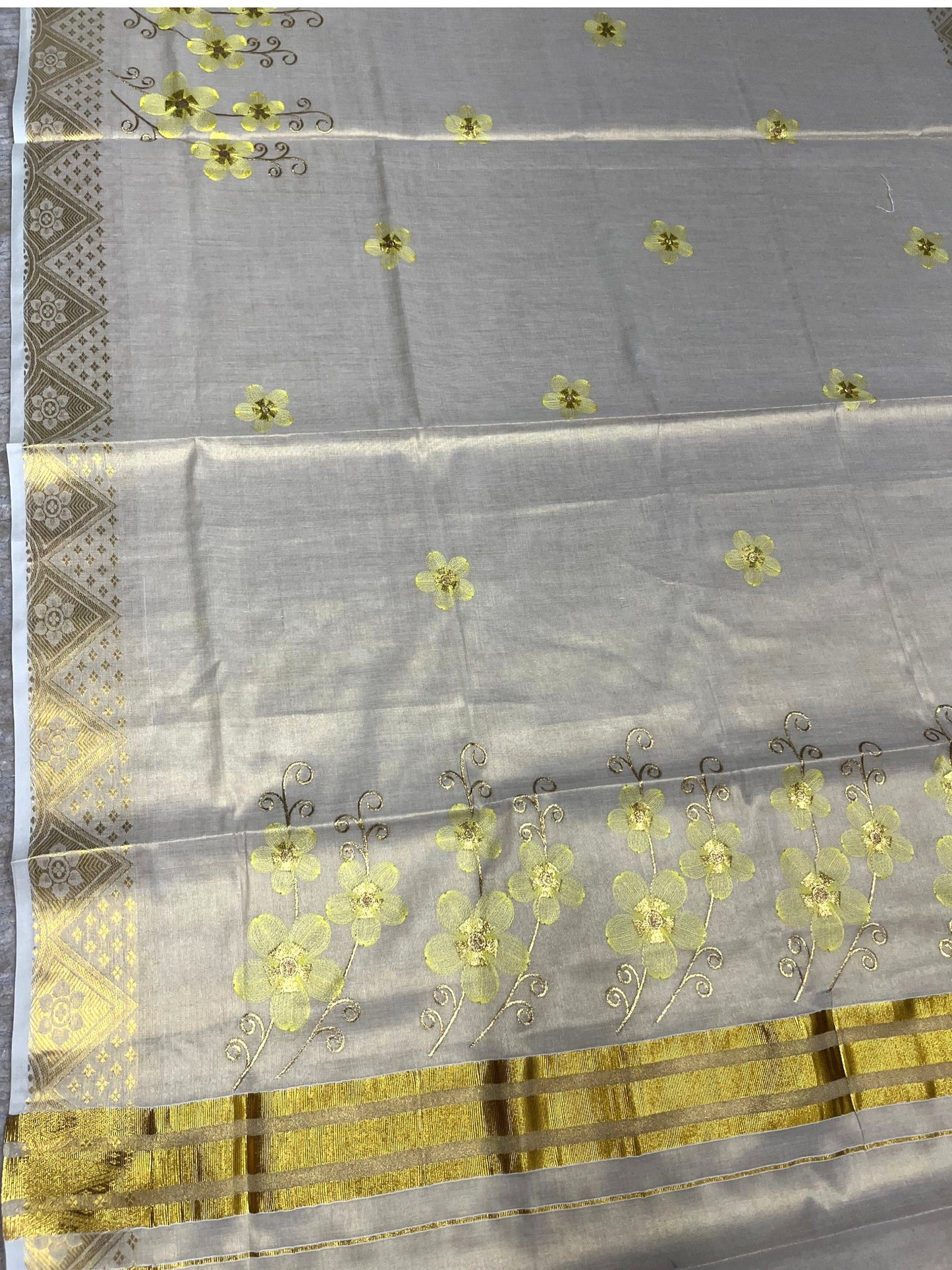 Southloom Kerala Tissue Kasavu Saree with Yellow Floral Embroidery Work on Body
