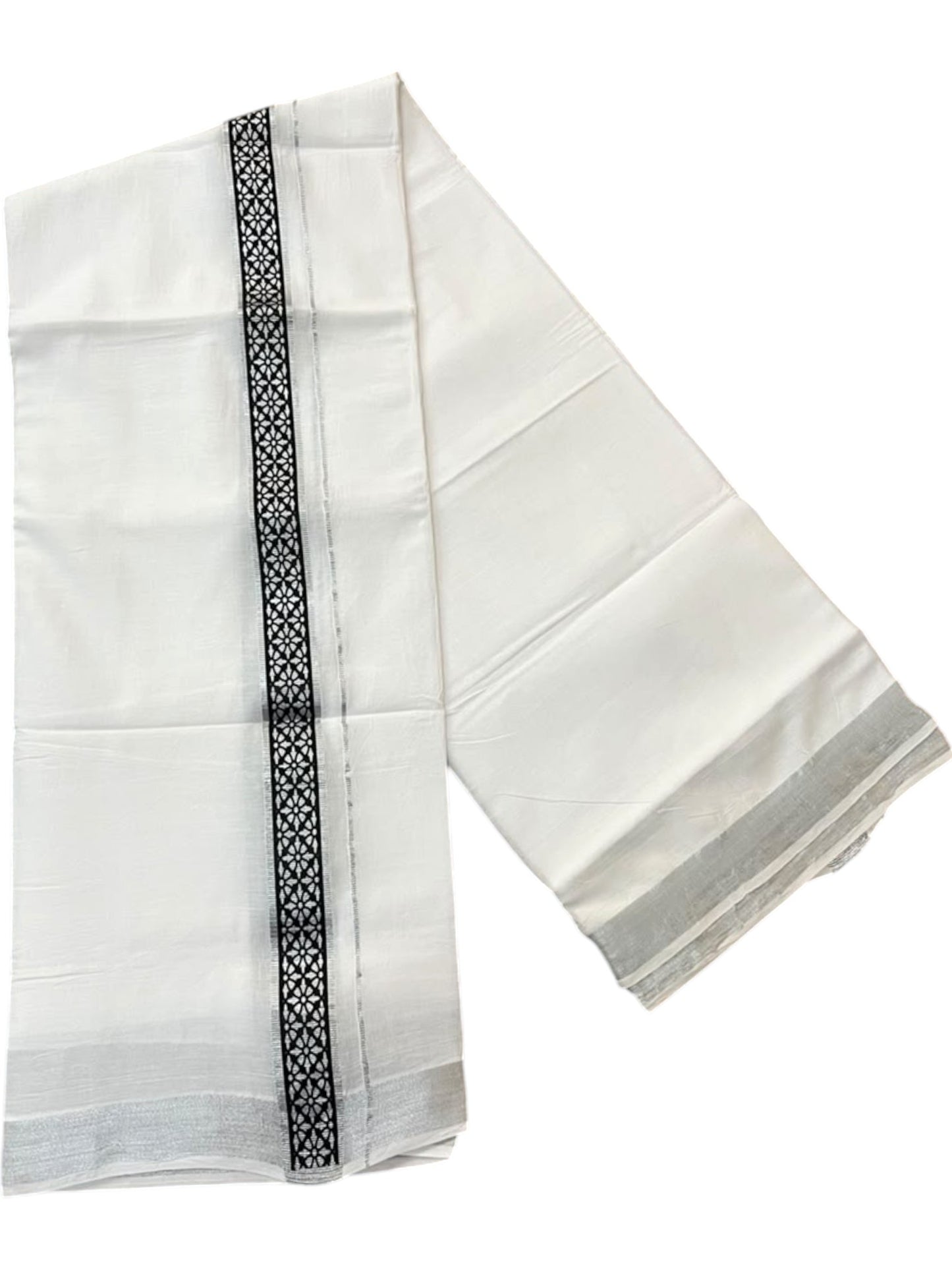 Southloom Pure White Cotton Mundu with Black and Silver Kasavu Border (South Indian Kerala Dhoti)