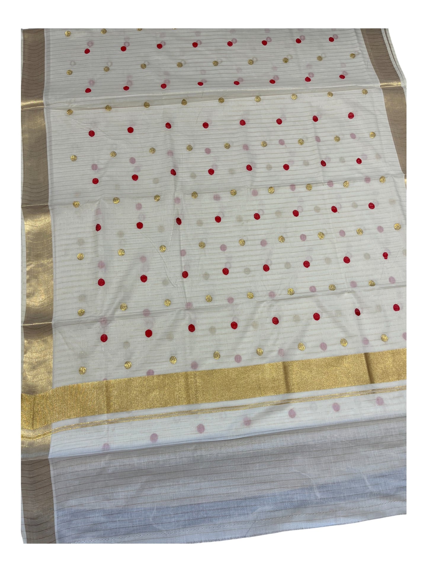 Southloom Kerala Pure Cotton Saree with Gold&Red Polka Embroidery Works on Body