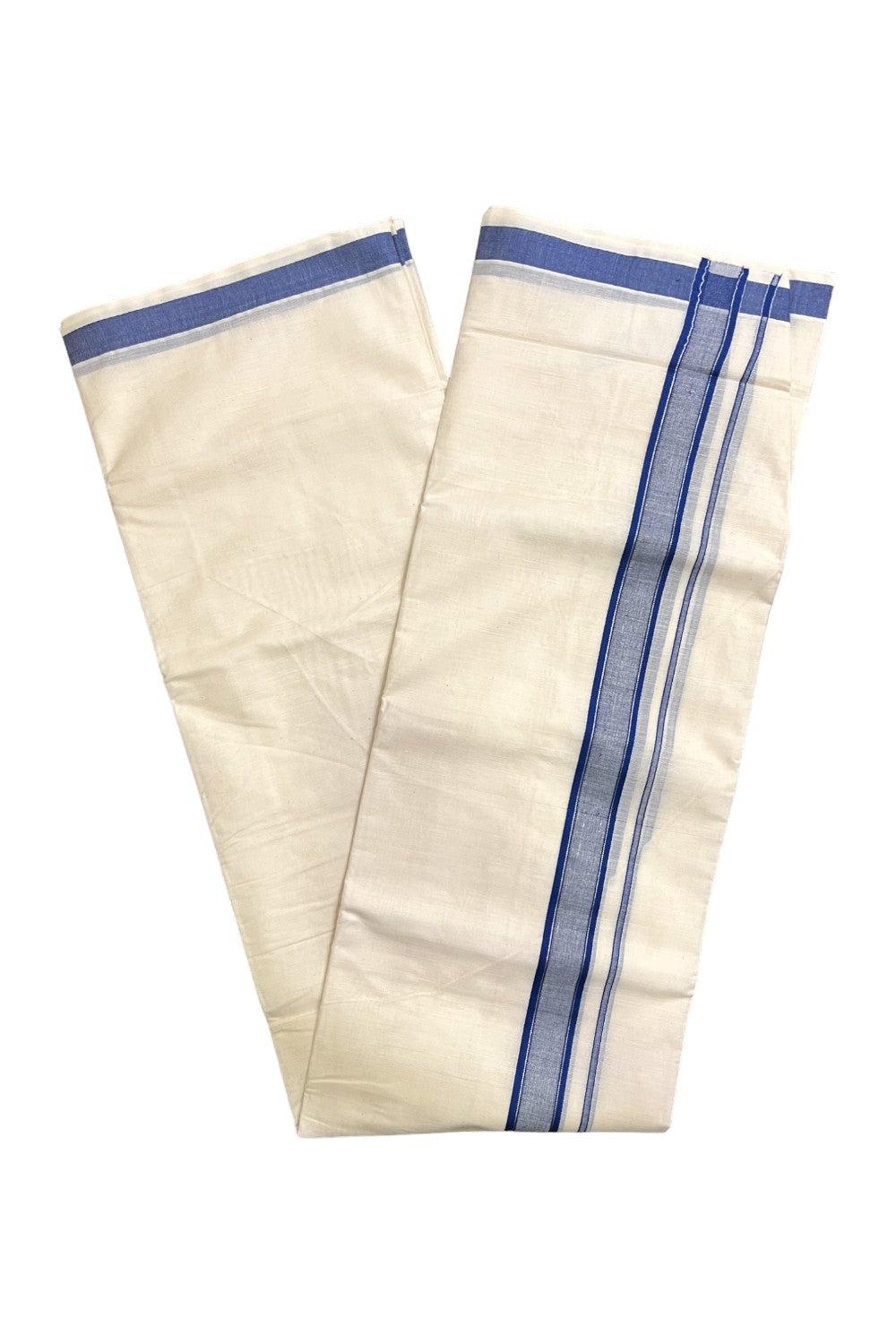 Kerala Pure Cotton Double Mundu with Blue and Silver Kasavu Line Border (South Indian Kerala Dhoti)