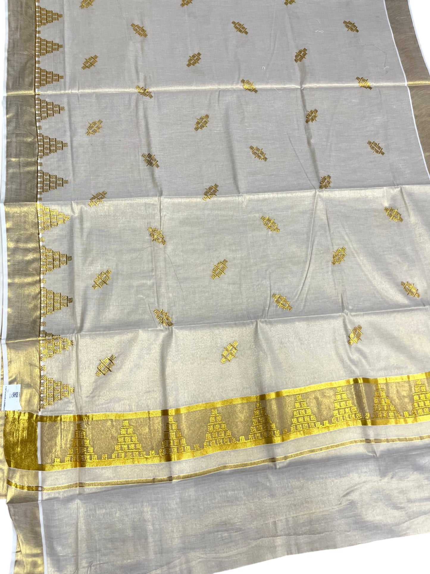 Southloom Tissue Kerala Kasavu Saree with Temple Embroidery Work on Body and Borders