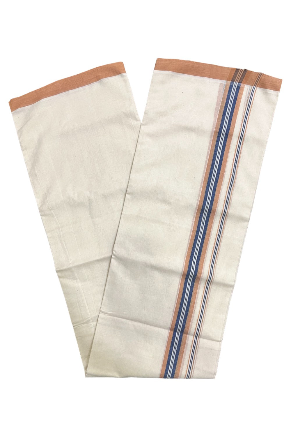 Premium Balaramapuram Handloom Unakkupaavu Cotton Double Mundu with Light Brown and Blue Border (Vishu 2024 Collection)