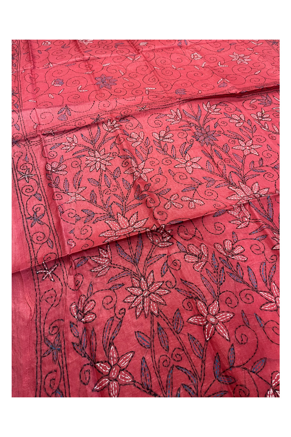 Southloom Kantha Thread Work Designer Pinkish Red Saree