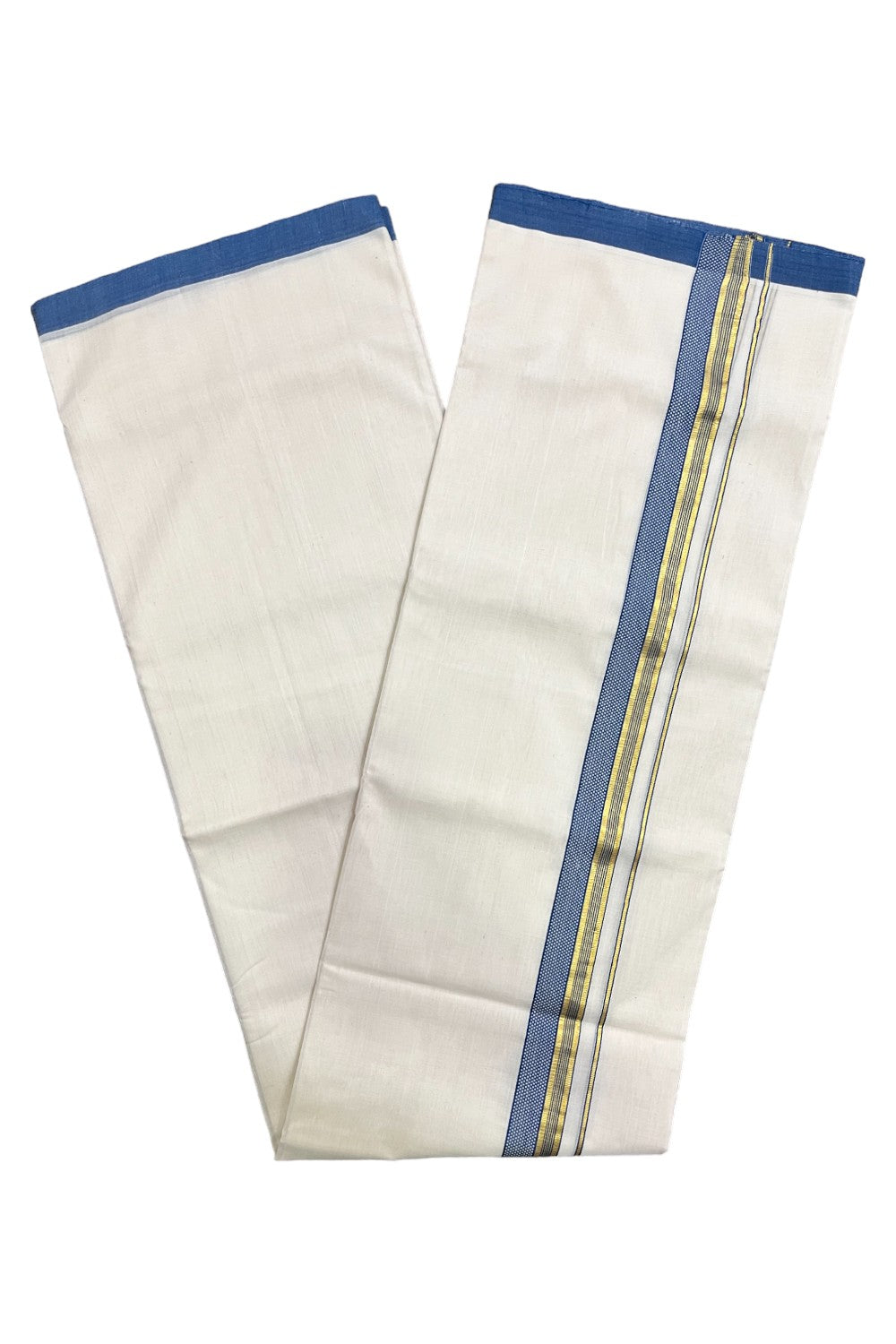 Premium Balaramapuram Handloom Unakkupaavu Cotton Double Mundu with Kasavu and Blue Design Border (Vishu 2024 Collection)
