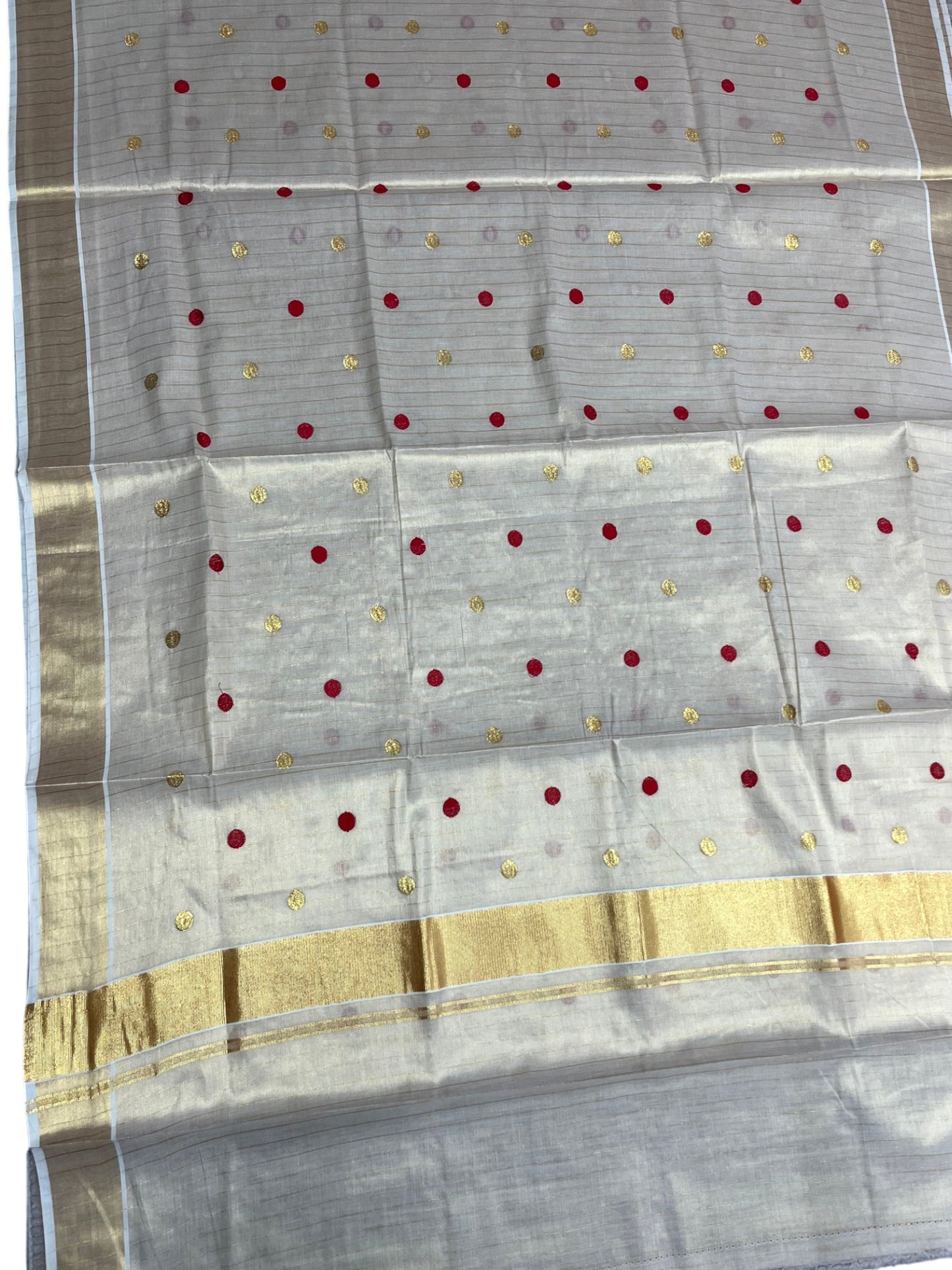 Southloom Kerala Tissue Kasavu Saree with Gold & Red Polka Embroidery Works on Body SL281