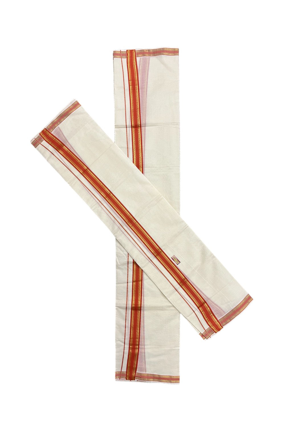 Kerala Cotton Set Mundu (Mundum Neriyathum) with Orange and Kasavu Border 2.80 Mtrs