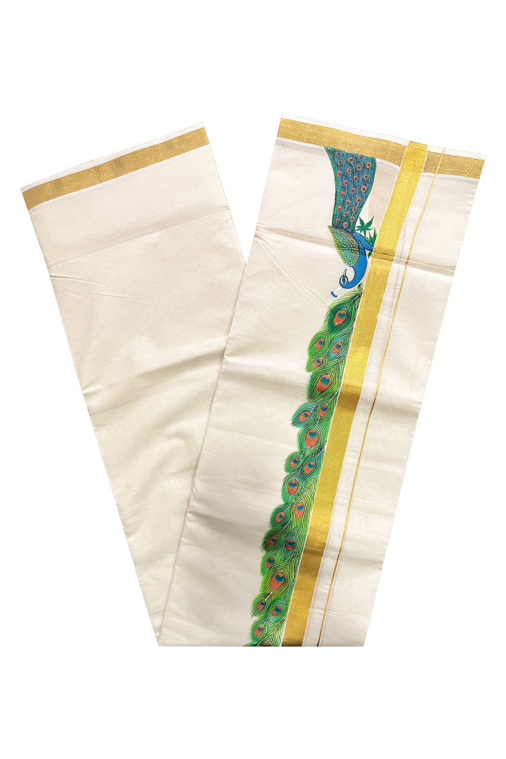 Pure Cotton Kerala Double Mundu with Peacock Hand Painted Designs on Kasavu Border (Vishu Collection 2024)