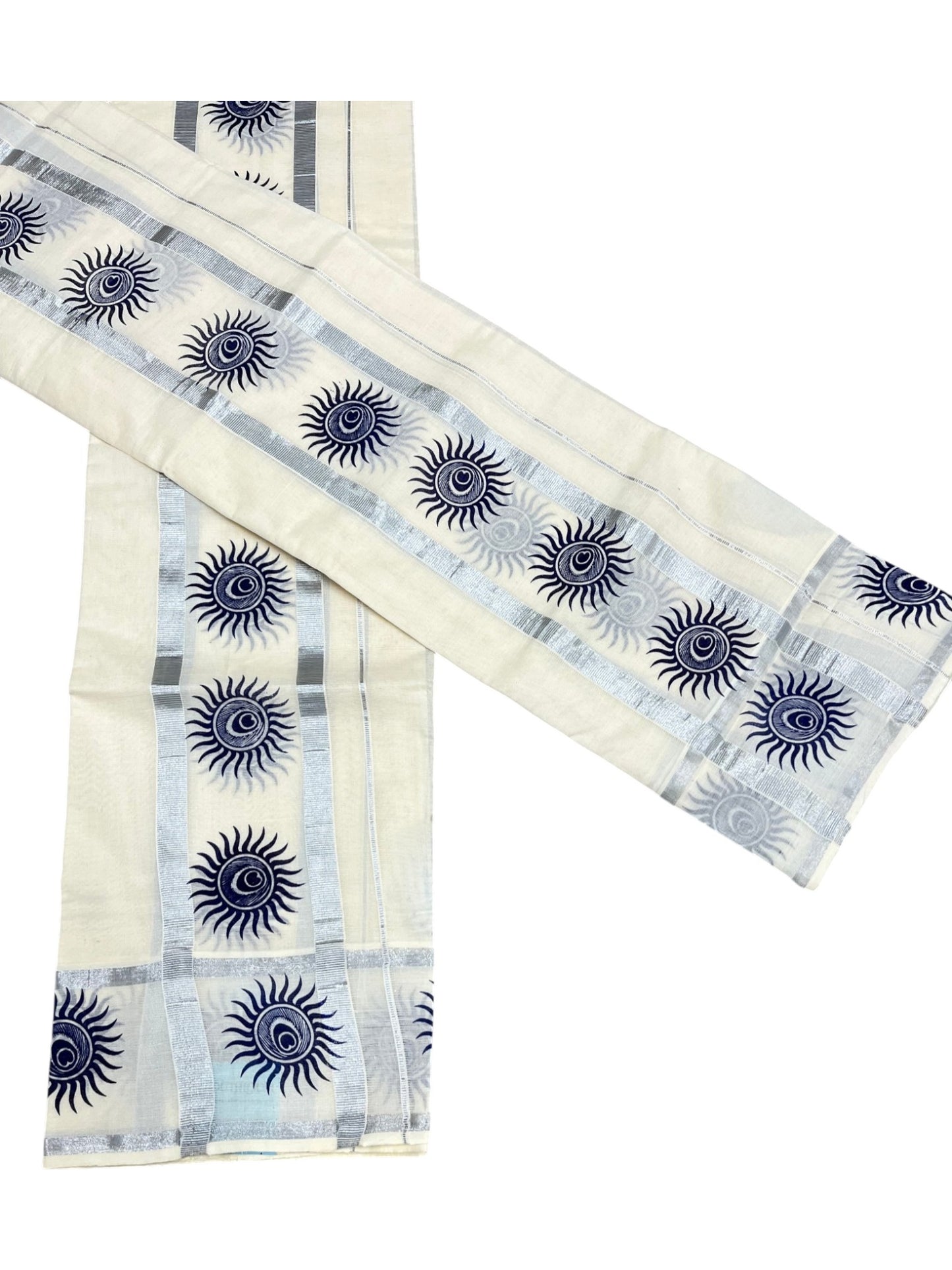 Southloom Cotton Single Set Mundu (Mundu Neriyathum) With Digital Print And Silver Border Kasavu in 2.80 Mtrs