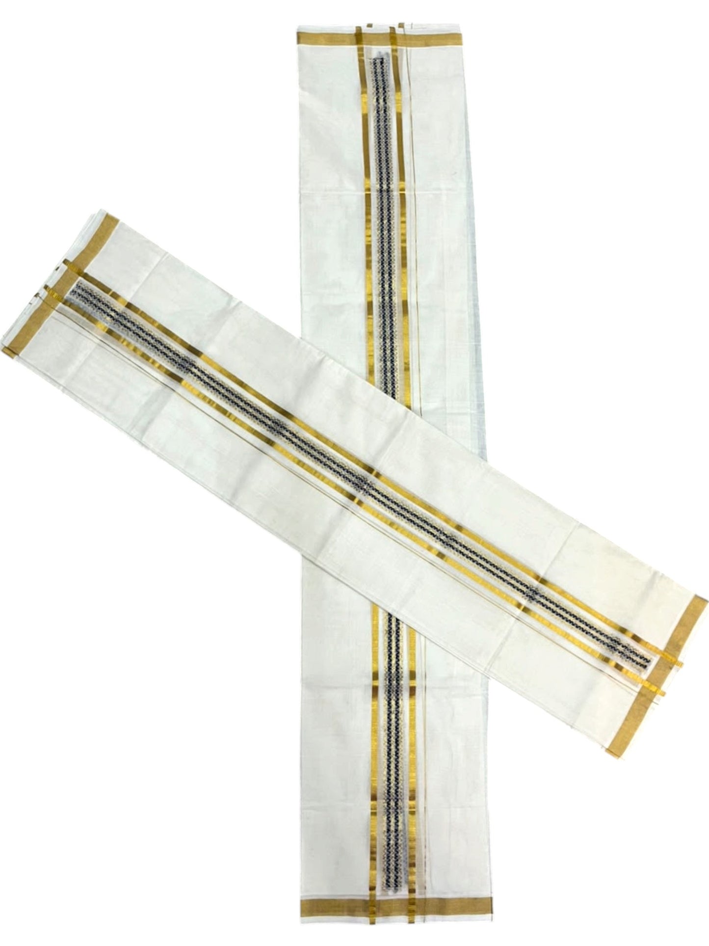 Southloom Premium Cotton Handloom Set Mundu With Blue Woven Dots Design And Golde Kasavu Border (2.80 Mtr) SL632