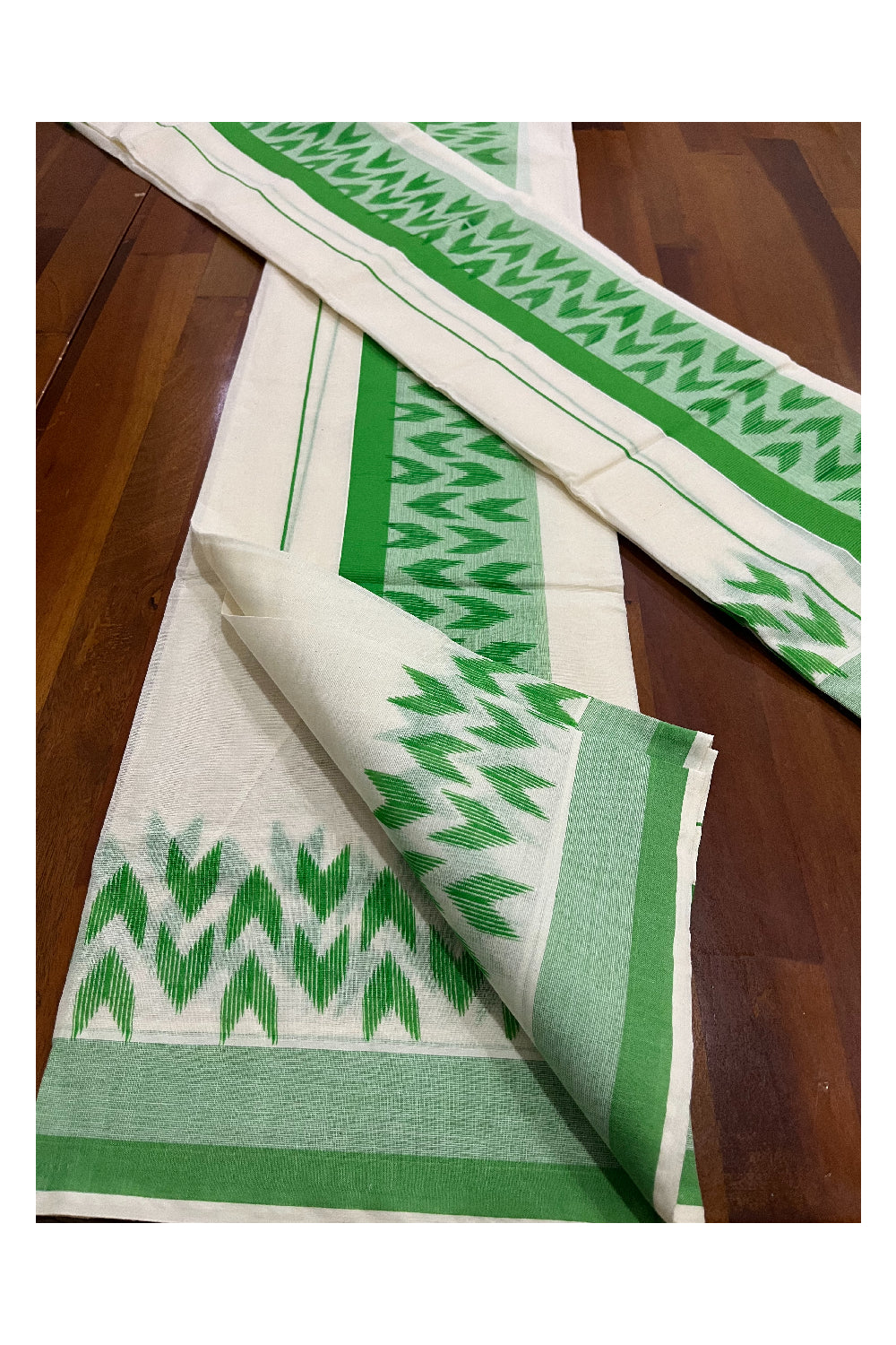 Cotton Kerala Single Set Mundu with Light Green Block Printed Border