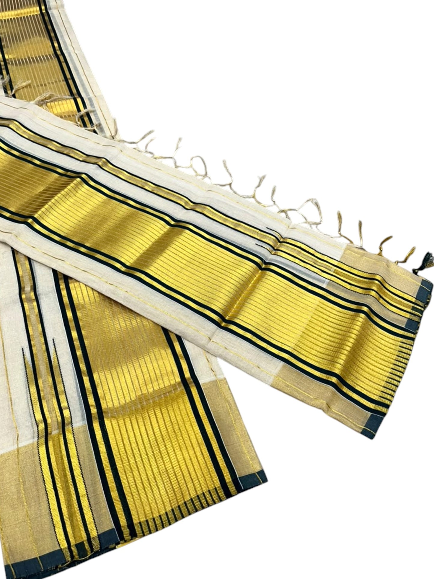Southloom Premium Tissue Handloom Set Mundu with Chuttikara Kasavu With Green And Golden Border (2.80 Mtr)
