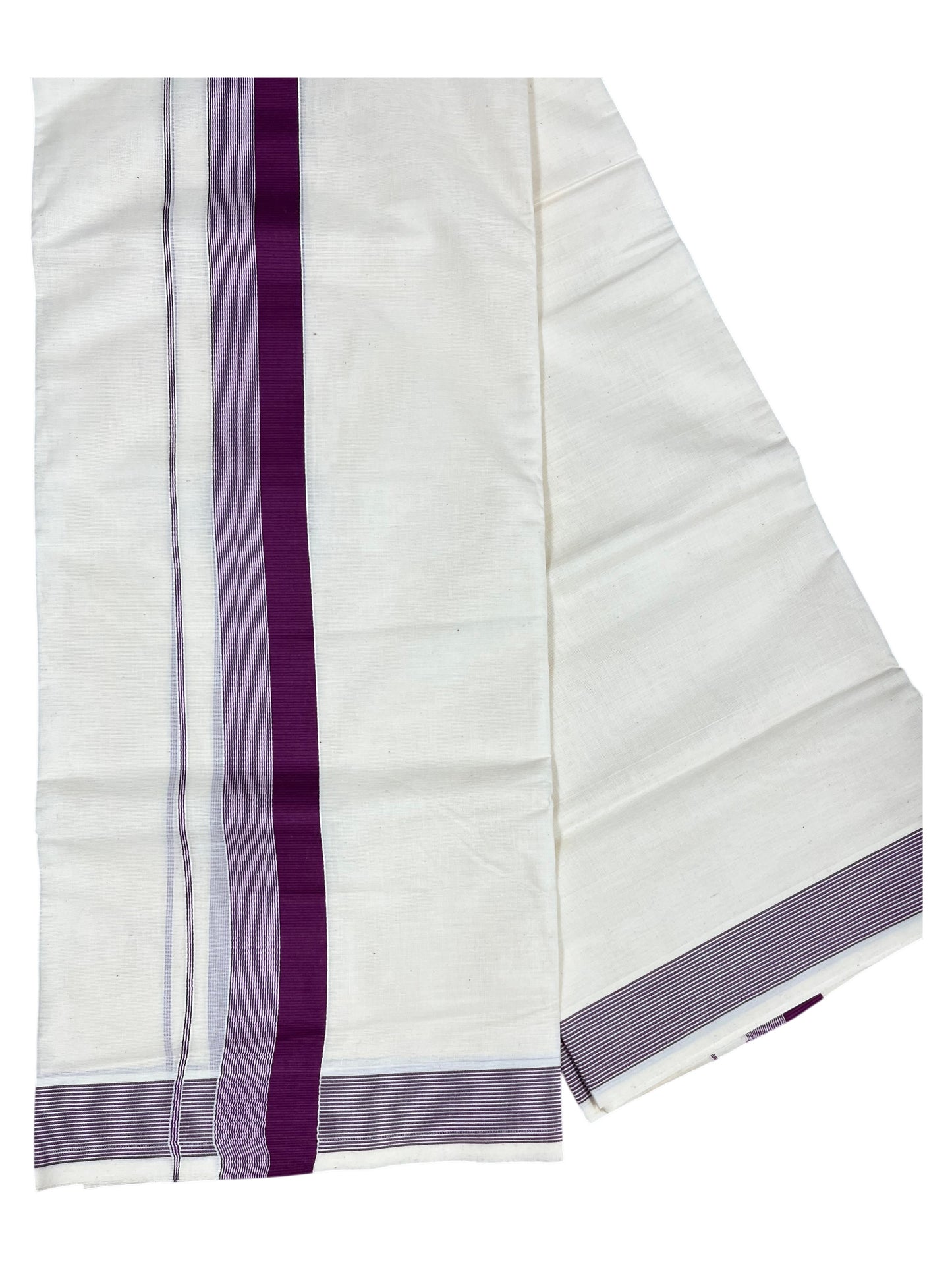 Southloom Kerala Pure Cotton Double Mundu with Purple Lines And Purple Border (South Indian Kerala Dhoti)