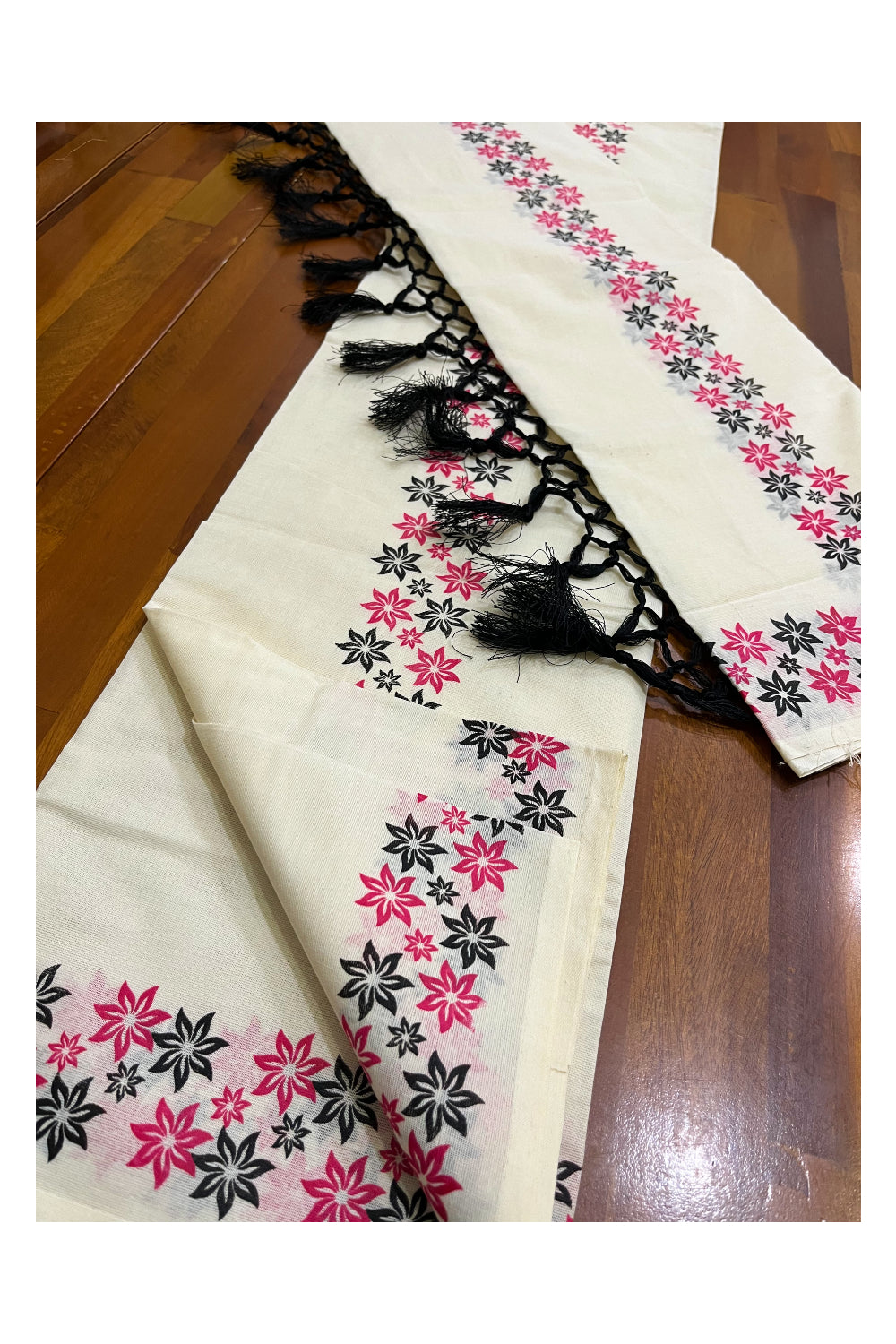 Southloom Set Mundu with Black and Pink Block Print without Kara (Onam 2024 Collection)