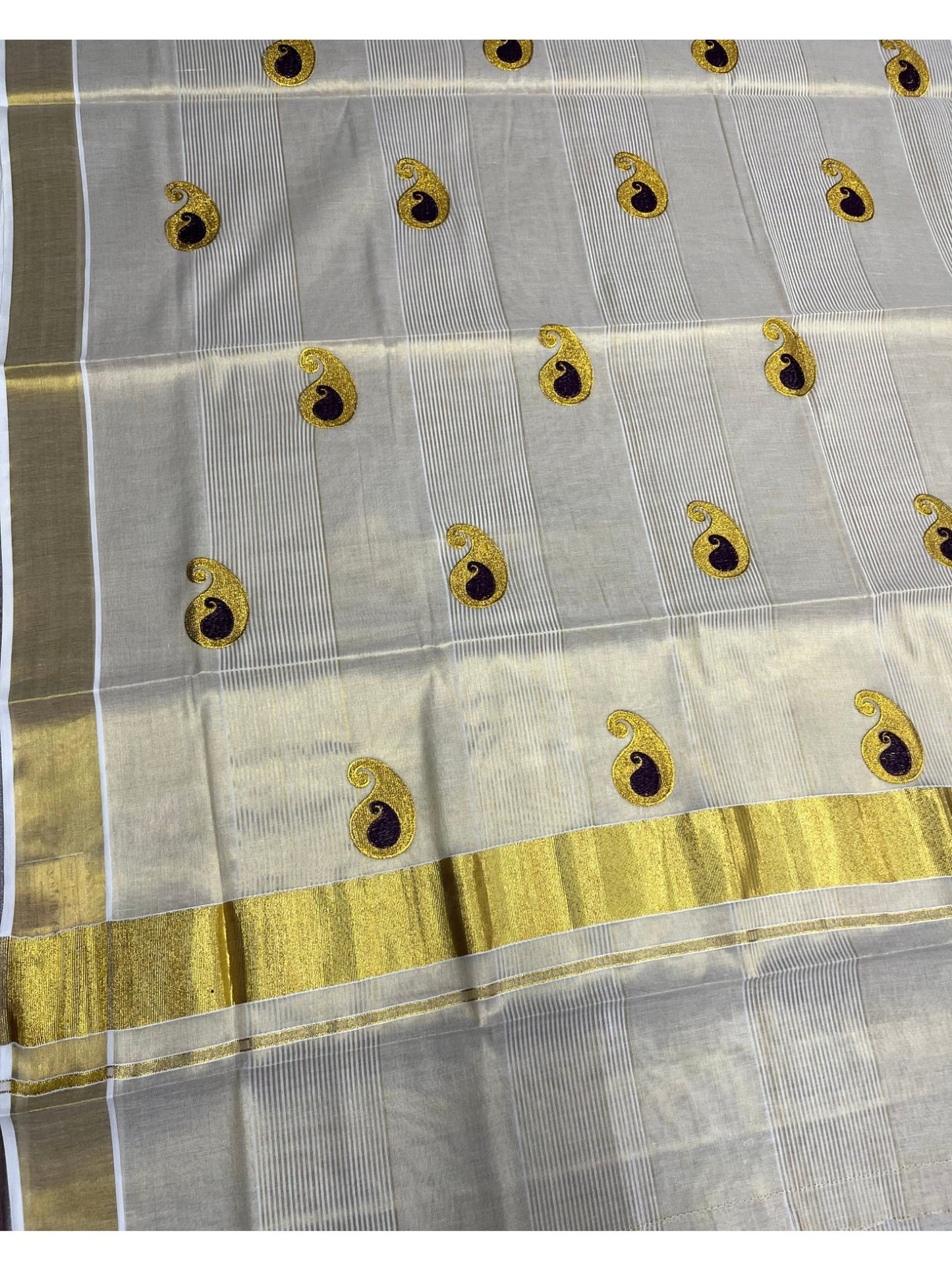 Southloom Kerala Tissue Kasavu Saree with Purple Embroidery Design
